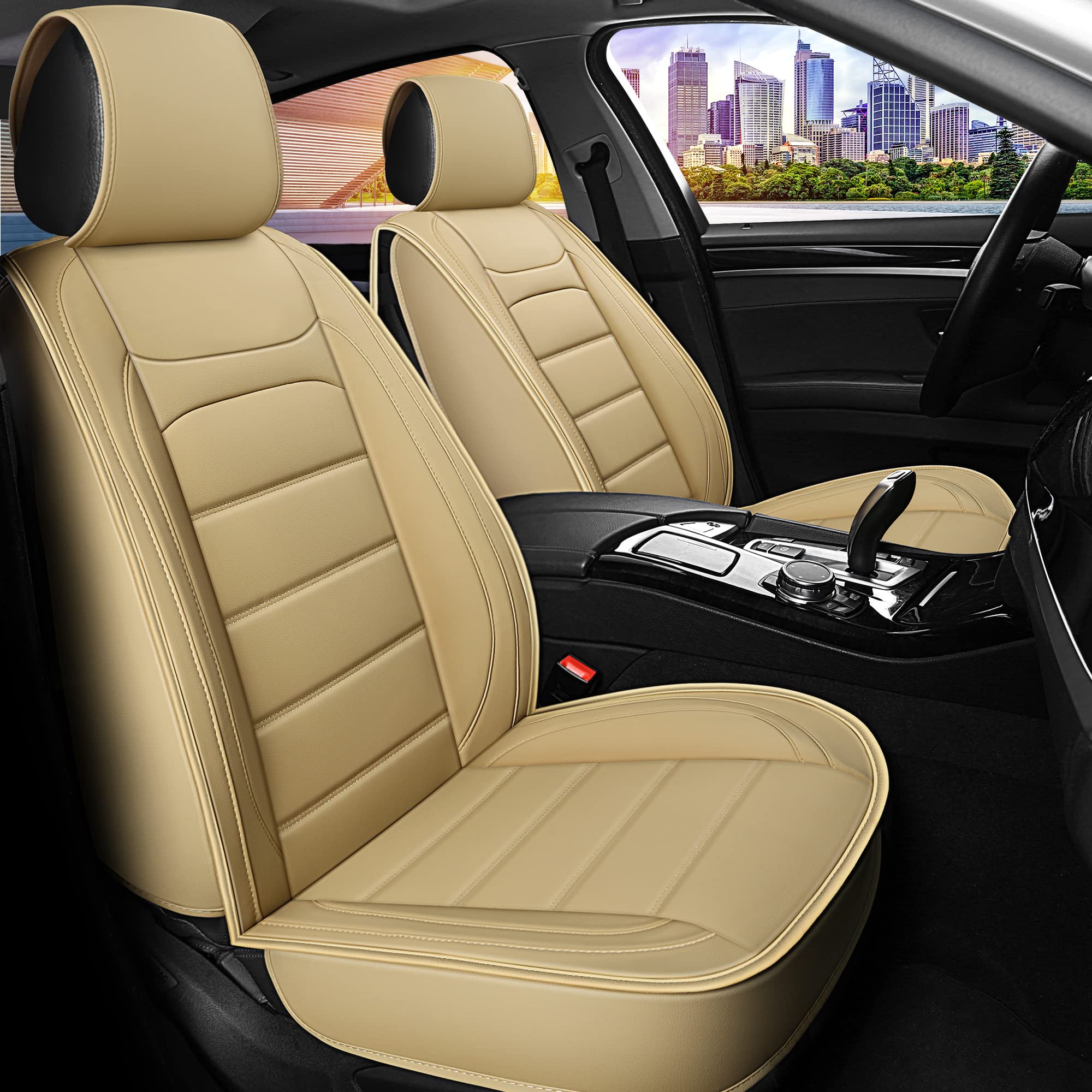 Premium Sanwom Leather Car Seat Covers (2-Piece Set) - Universal Waterproof Seat Protectors for Sedans, SUVs & Pickup Trucks | Beige Color | Perfect for Daily Commute, Road Trips & Family Travel