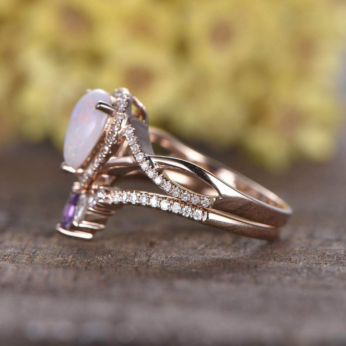 Natural Pear Opal Wedding Ring Set with Marquise Amethyst - Vintage Boho Engagement Ring for Women - Perfect for Bridal Jewelry, Anniversary Gifts & Boho Chic Fashion
