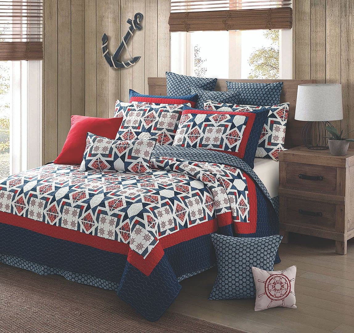 Virah Bella Captain Wheel Printed Lightweight Reversible Quilt Set - Full/Queen Size Coastal Bedding with 2 Pillow Shams | Soft & Breathable for Summer, Perfect for Beach House, Guest Room or Coastal Decor