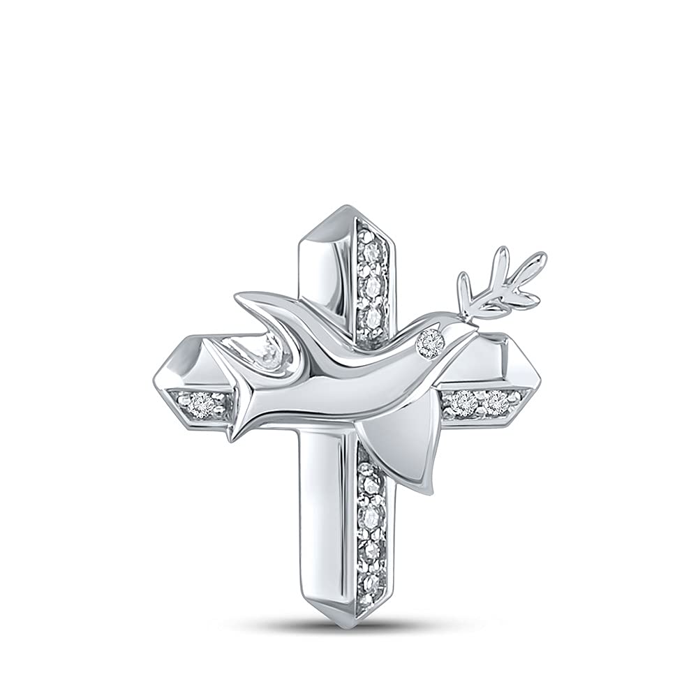 10K White Gold Women's Round Diamond Dove Cross Pendant Necklace - 1/20 CTTW, Elegant Religious Jewelry Gift for Baptism, Confirmation & Everyday Wear