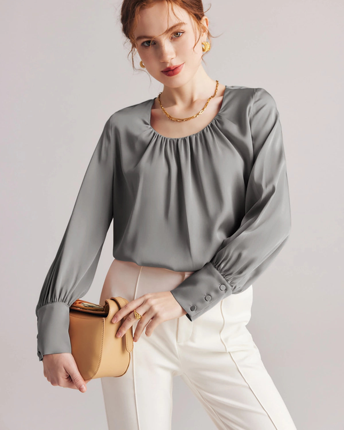 Elegant Pleated Round Neck Silk Blouse for Women | Soft & Breathable Luxury Shirt | Perfect for Office Wear, Date Night & Special Occasions