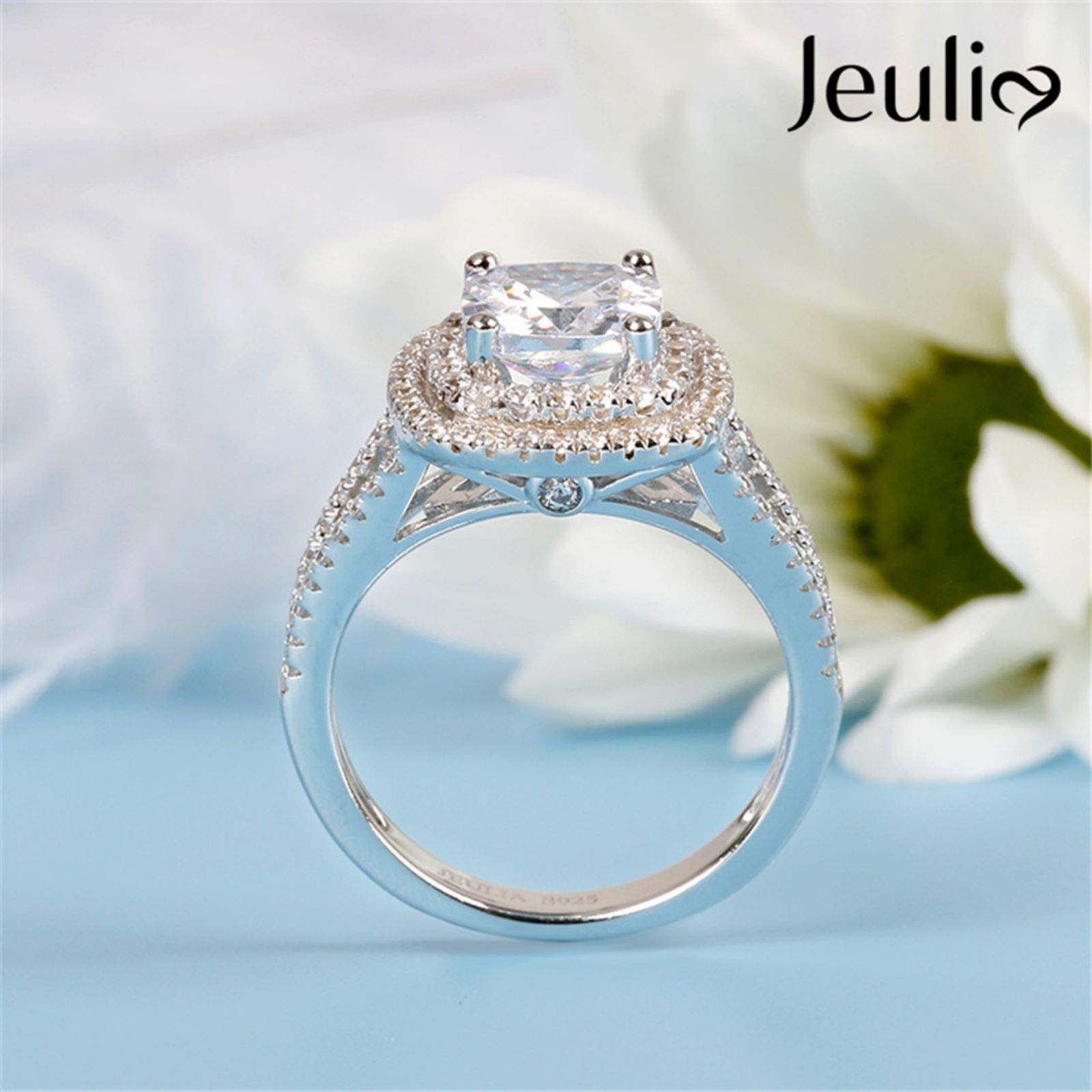 Jeulia 925 Sterling Silver Women's Diamond Band Ring - Halo Split Shank Cushion Cut Wedding Engagement Ring Set for Anniversary, Promise & Bridal Jewelry | Perfect for Proposals, Vow Renewals & Special Occasions