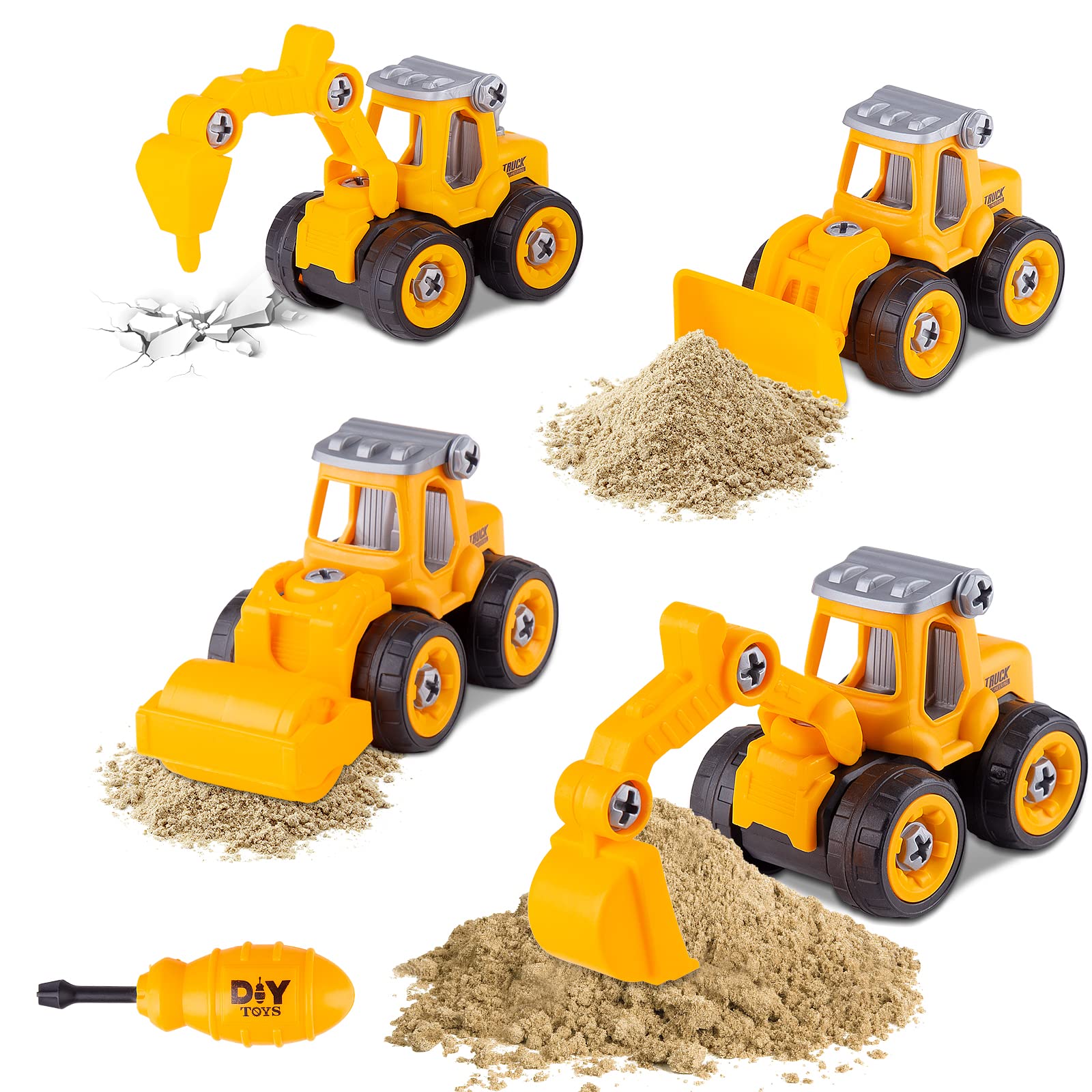 Best Beach Sand Toys for Toddlers Ages 3-5 | Outdoor Sandbox Construction Set with Truck, Excavator & Bulldozer | STEM Learning Toys for 2 3 4 Year Old Boys & Girls | Durable Yellow Plastic Sand Play Kit for Beach, Backyard & Playground Fun