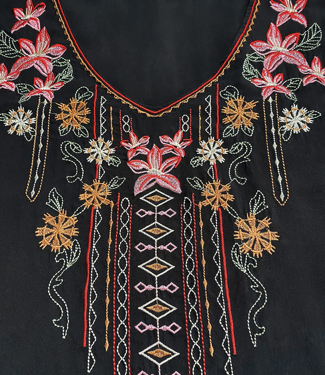 Higustar Women's Mexican Embroidered Bohemian Blouse - 3/4 Sleeve Peasant Top, Boho Tunic Shirt, Hippie Style Clothing for Festivals, Beach & Casual Wear
