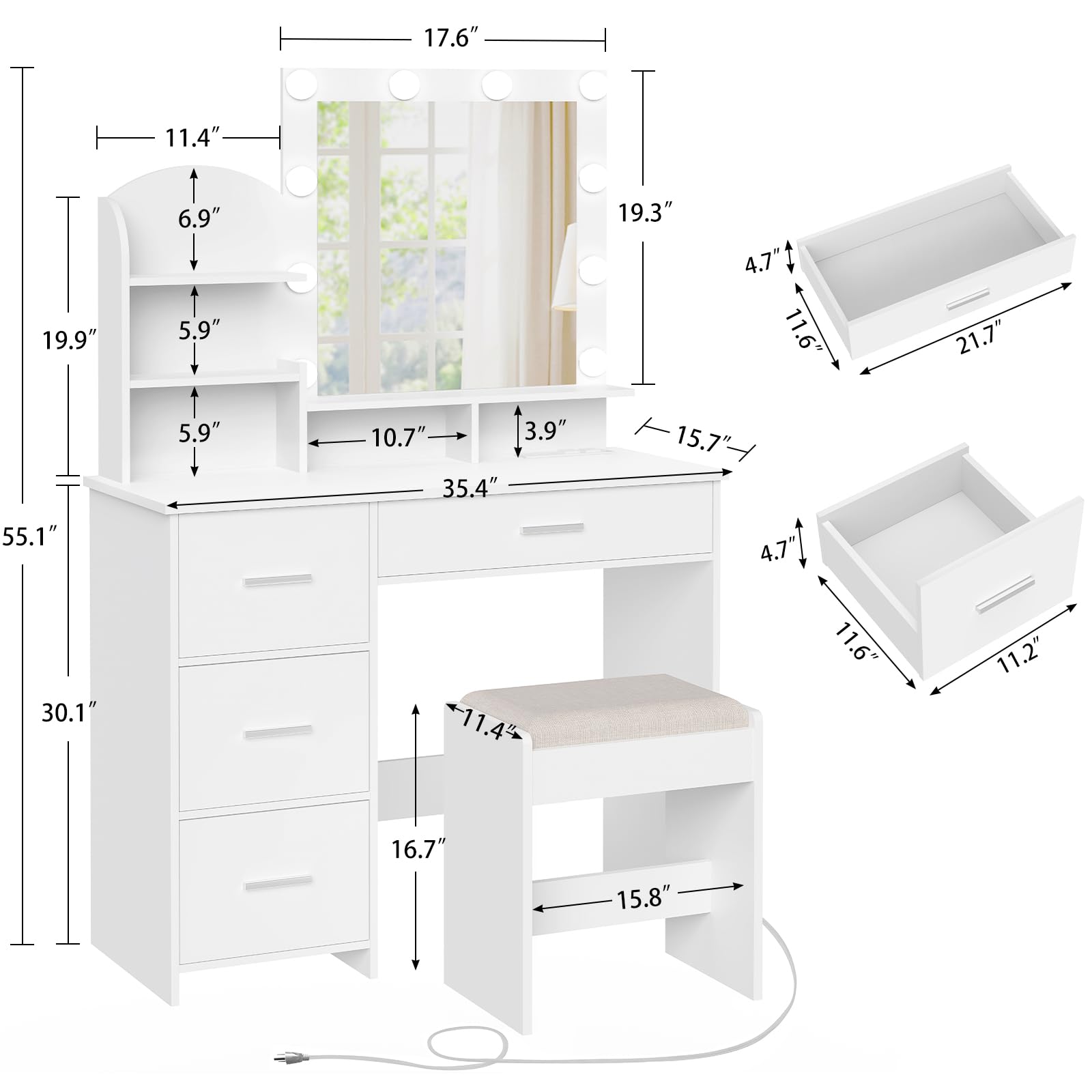 Quimoo 10-Light Makeup Vanity Desk with LED Mirror, 4 Drawers & USB Charging Station - White Vanity Set with Cushioned Stool for Bedroom, Dressing Room & Beauty Salon