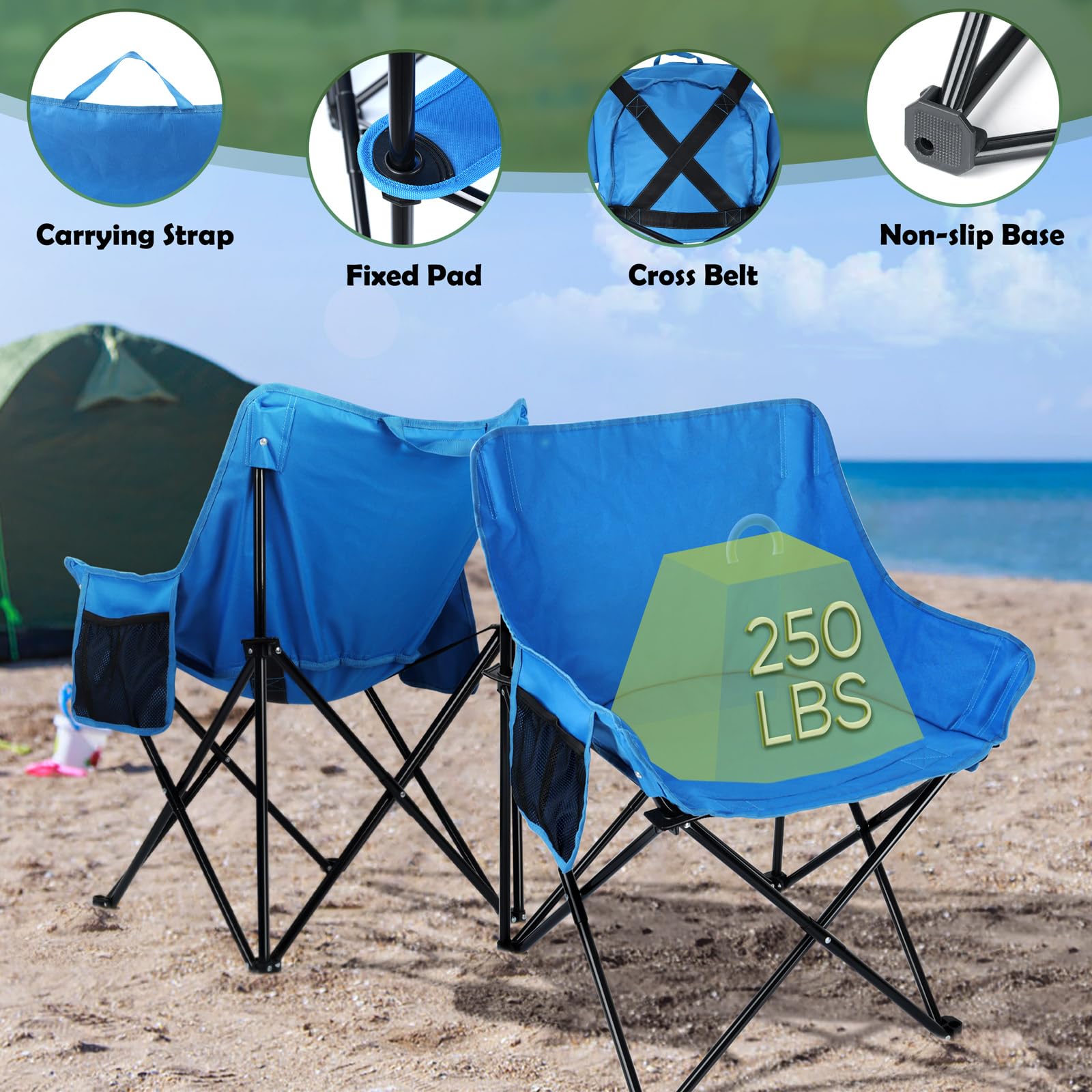 HaSteeL Heavy Duty Camping Chair for Adults - Portable Folding Outdoor Chair with Side Pockets & Carry Bag - Supports 250lbs - Perfect for Camping, Hiking, Beach, Picnic, Fishing & Travel (Blue)