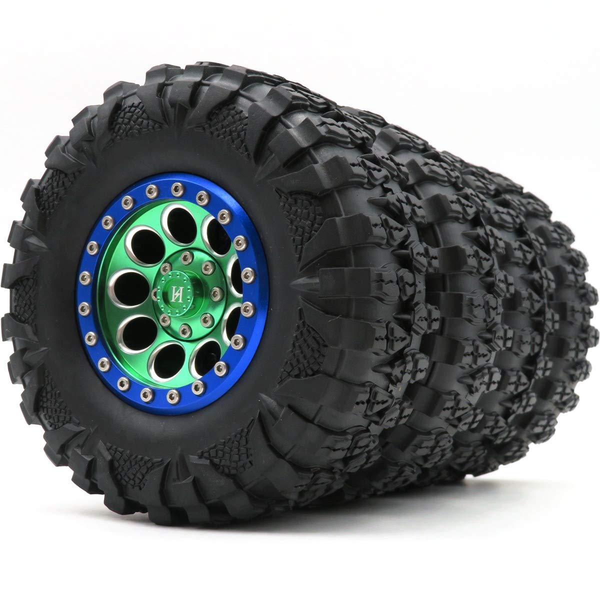 Hobbysoul 4pcs RC Crawler 2.2 Mud Terrain Tires with 120mm Height & Aluminum Beadlock Wheels - 12mm Hex for Off-Road RC Cars - Perfect for Rock Crawling, Trail Adventures and Mud Racing