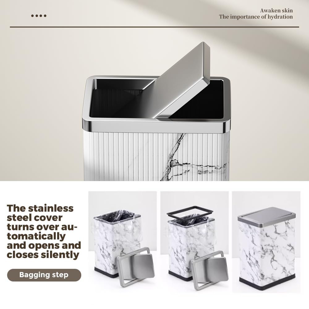 LEASYLIFE 10L/2.6GAL Metal Trash Can with Swing Lid - Modern Rectangular Bathroom Garbage Bin for Small Spaces, Bedroom, Office & Laundry Room - White Stripe Design | Perfect for Tight Corners & Home Organization