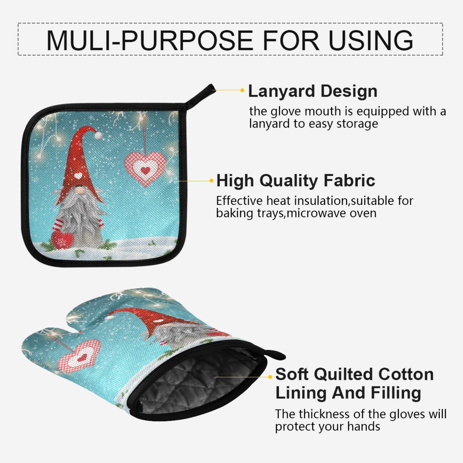 Christmas Winter Gnome Oven Mitts & Pot Holders Set - 2pcs Heat Resistant Non-Slip Kitchen Potholders for Cooking, Baking, BBQ - Perfect Xmas & Valentine's Day Gifts (Red Heart Design) - Ideal for Holiday Baking, Home Decor & Cozy Kitchen Use