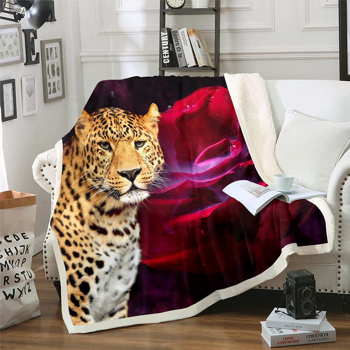 Soft Leopard Print Sherpa Fleece Blanket for Adults - Red Rose Floral Cheetah Print Cozy Throw Blanket for Women & Girls, 60