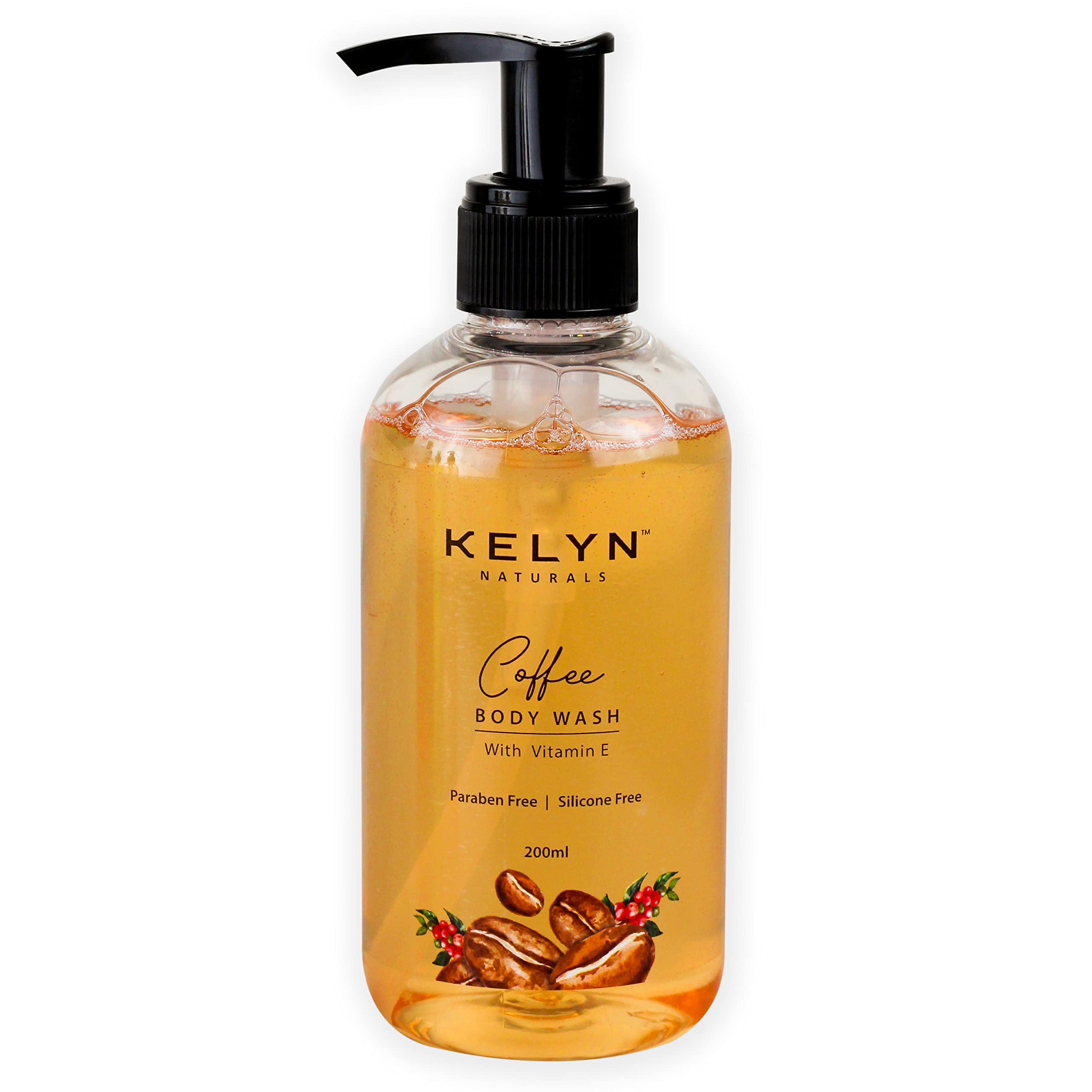 KELYN Vitamin E Coffee Body Wash & Shower Gel - Moisturizing, Deep Cleansing for Hydrated & Glowing Skin | Paraben & Silicone Free | Extra Foam 200ml | Perfect for Morning Energy Boost & Relaxing Nighttime Shower