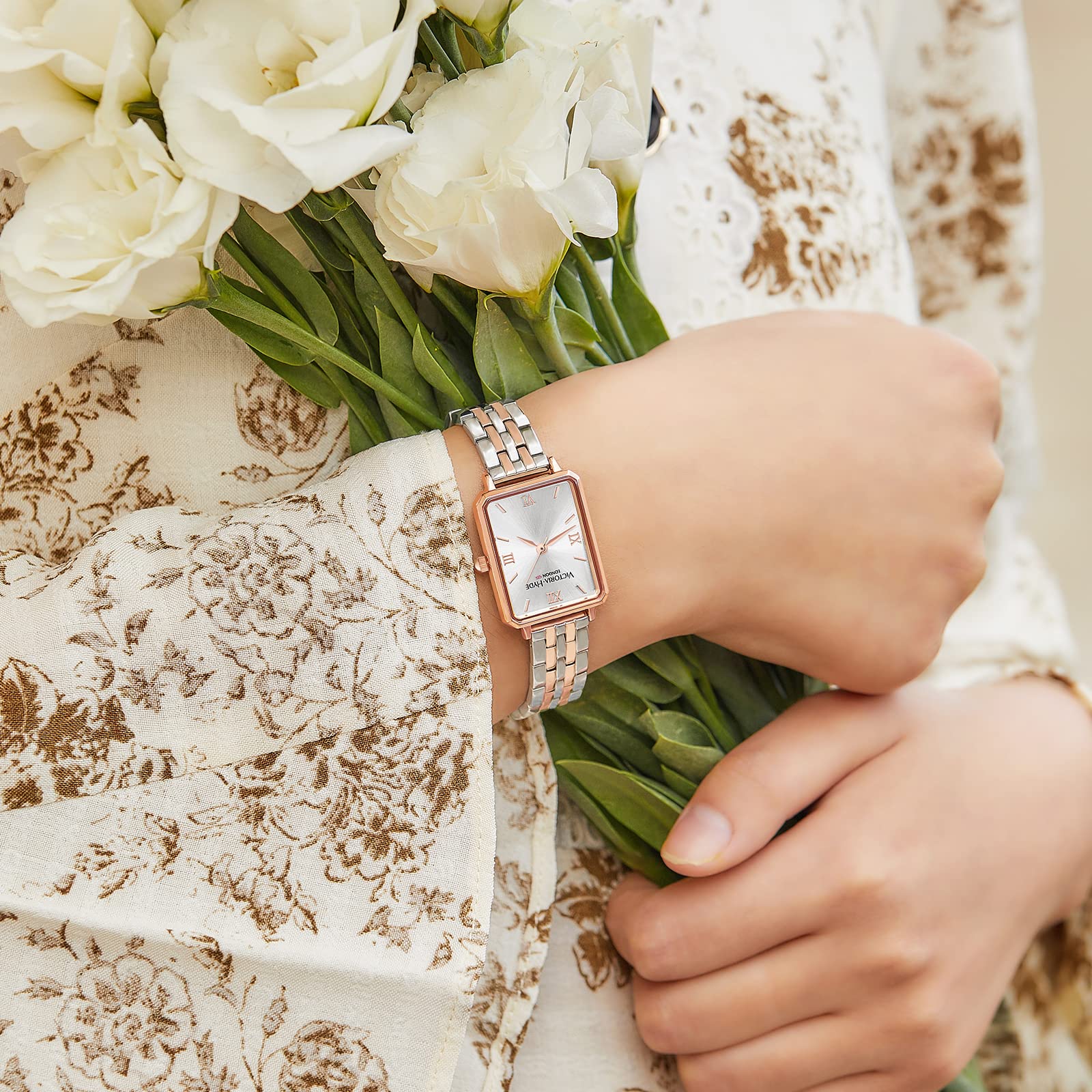 VICTORIA HYDE Women's Rectangular Watch - Silver & Rose Gold Two-Tone Stainless Steel Band, Classic Elegant Dress Watch for Women | Perfect for Office, Party & Everyday Wear
