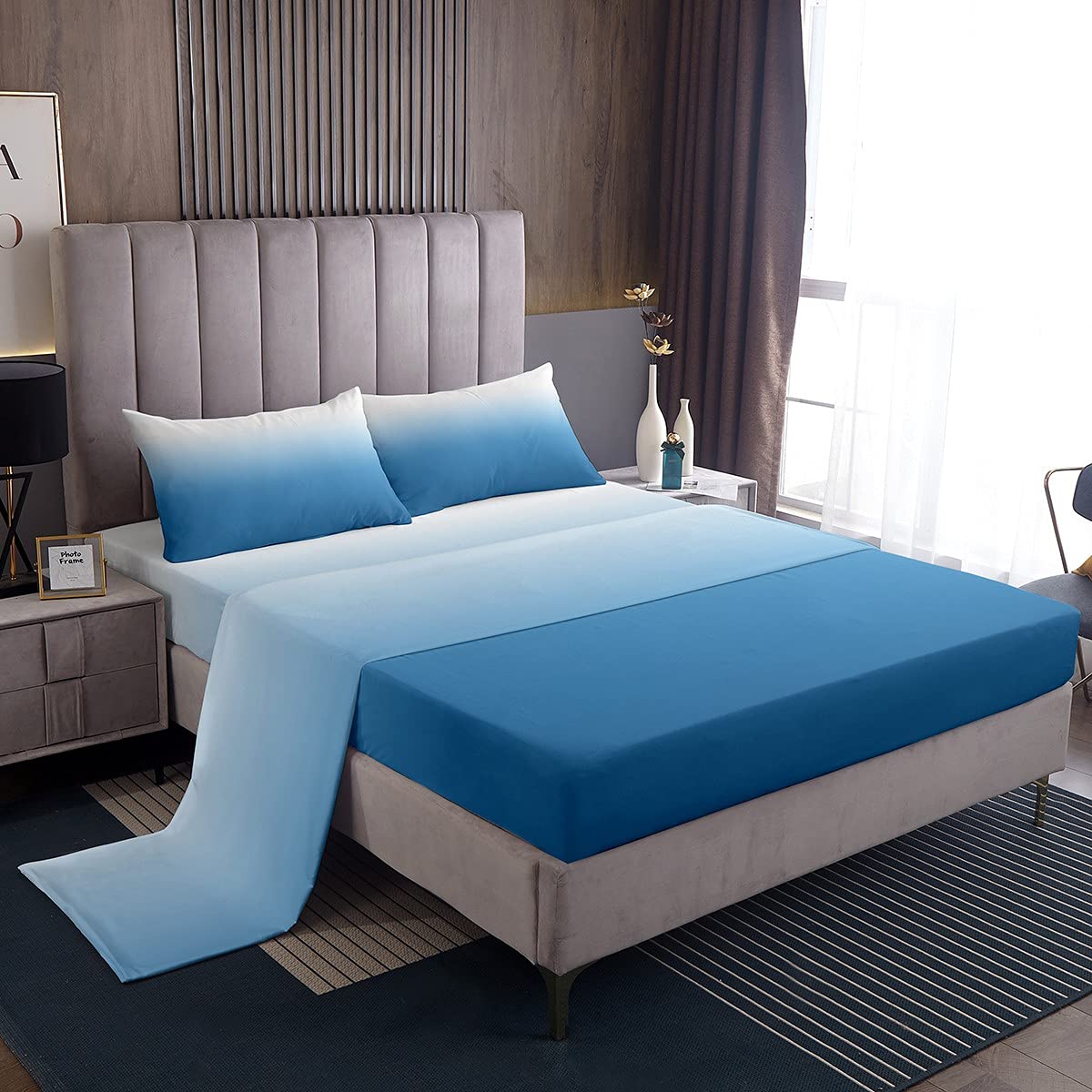 Erosebridal Sky Blue Ombre Twin Sheet Set - Gradient Blue & White Fitted & Flat Sheets with Pillowcase for Kids Boys Girls | Modern 3D Abstract Ocean Print | Perfect for Farmhouse, Coastal, or Kids' Bedroom Decor