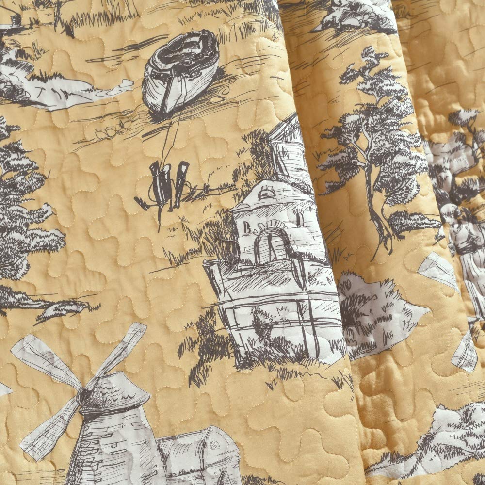 French Country Toile Cotton Reversible Throw Blanket - Yellow & Gray 60x50