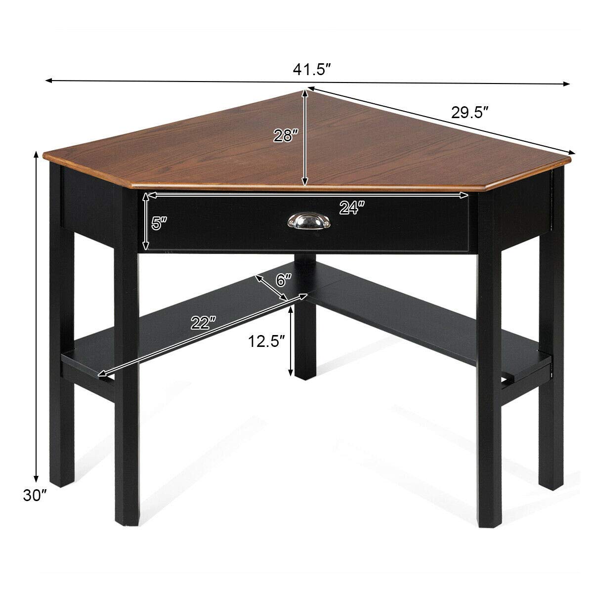 Compact Corner Desk for Home Office - 90° Triangle Computer & Laptop Writing Desk with Storage Shelf & Drawer - Space-Saving Small Office Furniture for Apartments & Dorm Rooms (Coffee Finish)