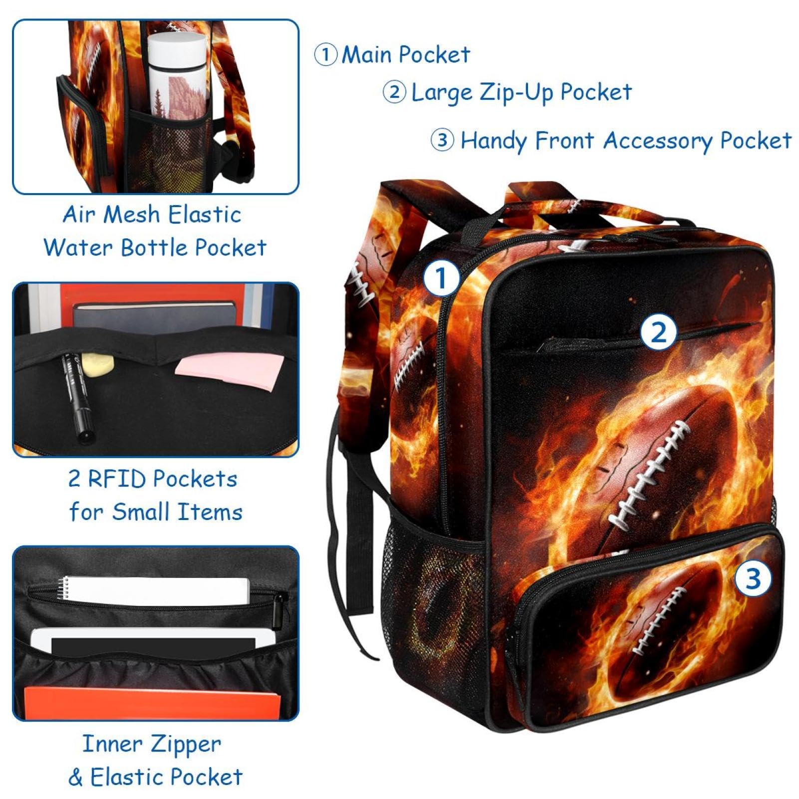 Stylish Travel Backpacks for Women & Men - Durable American Football Design with Flame Pattern - Perfect for College, Hiking, Work & Gym Use
