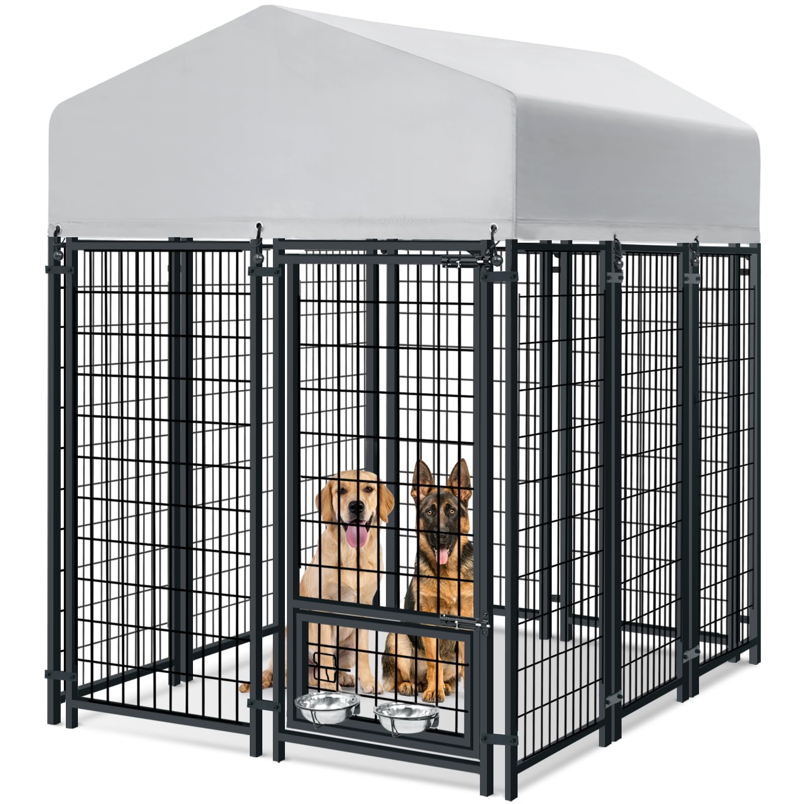 Heavy Duty Welded Steel Outdoor Dog Kennel for Large Dogs - Secure Lock Playpen Fence with Waterproof Roof Cover & 2 Rotating Bowls (Small/Medium/Large Dogs) - Perfect for Backyard, Camping & Pet Training