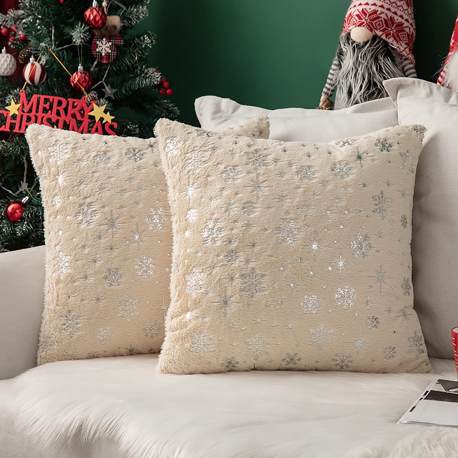 MIULEE Set of 2 Christmas Decorative Throw Pillow Covers - Soft Faux Fur Winter Pillow Cases with Silver Snowflake Glitter Print (18x18 Inches, Beige) for Couch, Sofa, Bed & Girls Room Decor - Perfect for Holiday Home Decor & Cozy Winter Nights