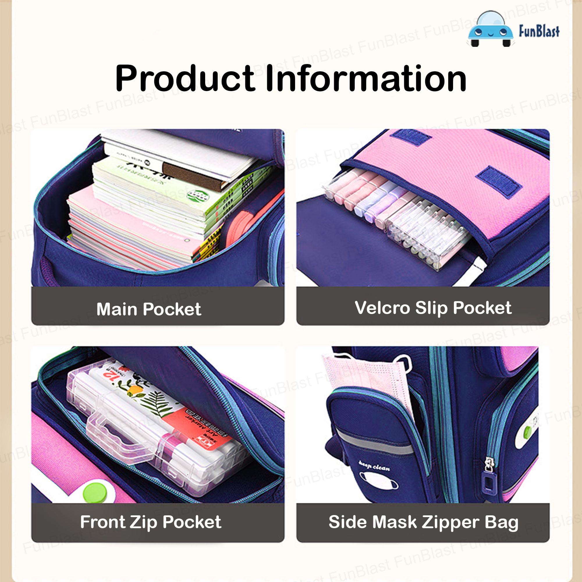 FunBlast Kids Backpack for School & Travel - Lightweight Waterproof Backpack for Boys & Girls with Multiple Pockets & Comfortable Shoulder Straps | Perfect for School, Day Trips, Picnics & Outdoor Activities (Blue-Pink)