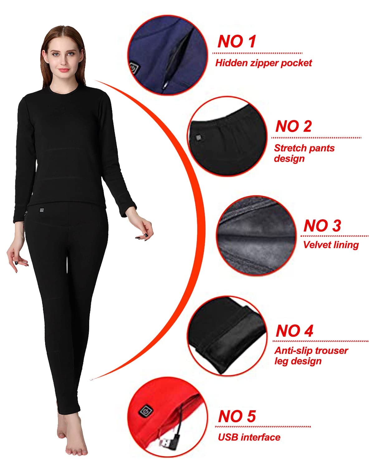Women's USB Heated Thermal Underwear Set - Electric Warm Long Johns & Leggings for Winter, Snow Sports & Cold Weather Activities