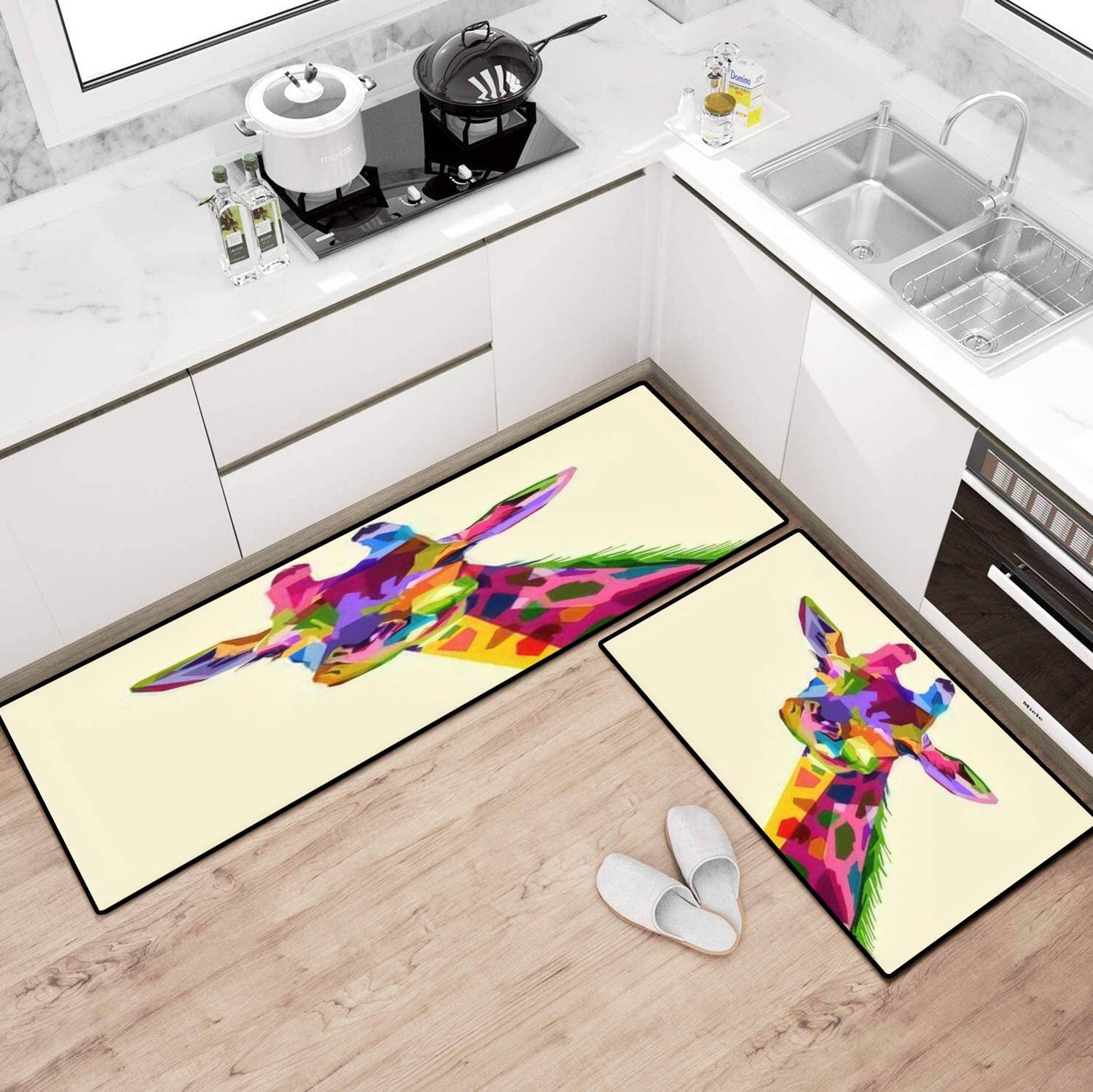 Colorful Giraffe Non-Slip Kitchen Rugs Set - Washable Floor Mats for Kitchen, Bathroom & Entryway - Soft Standing Comfort for Home Decor