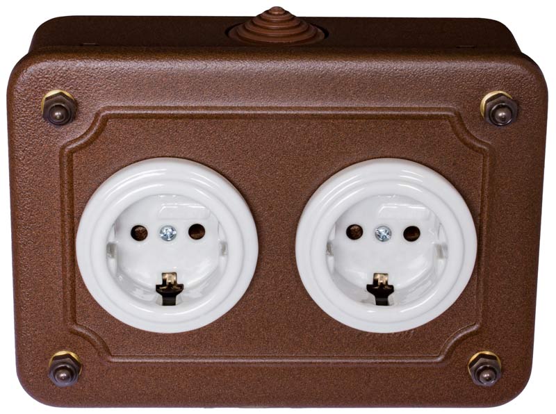 Double Electrical Outlet in Metal Box - White Porcelain/Antique Brown Horizontal - Perfect for Kitchen, Bathroom & Office Use