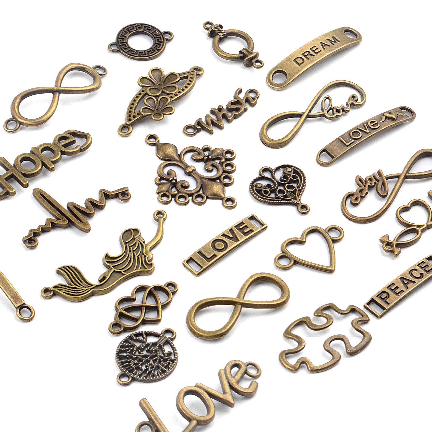 50Pcs Mixed Word Letter Connector Charms - Antique Bronze Infinity Symbol Pendants for DIY Jewelry Making (Necklace/Bracelet) - Perfect for Handmade Gifts, Friendship Jewelry & Craft Projects