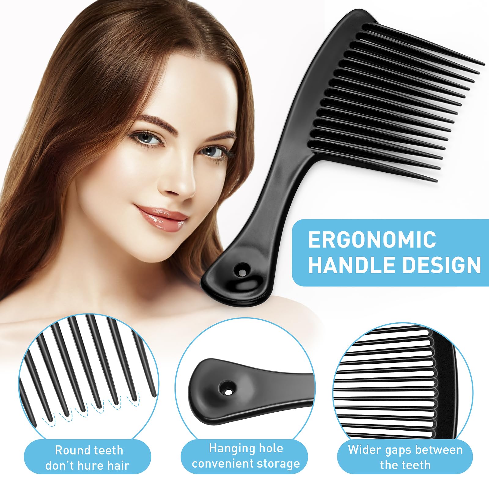 Wide Tooth Comb for Wet & Curly Hair - Thickened Detangling Shower Comb with Round Teeth - Gentle No Hair Damage Design - Perfect for Salon, Travel & Home Hair Care (Black)