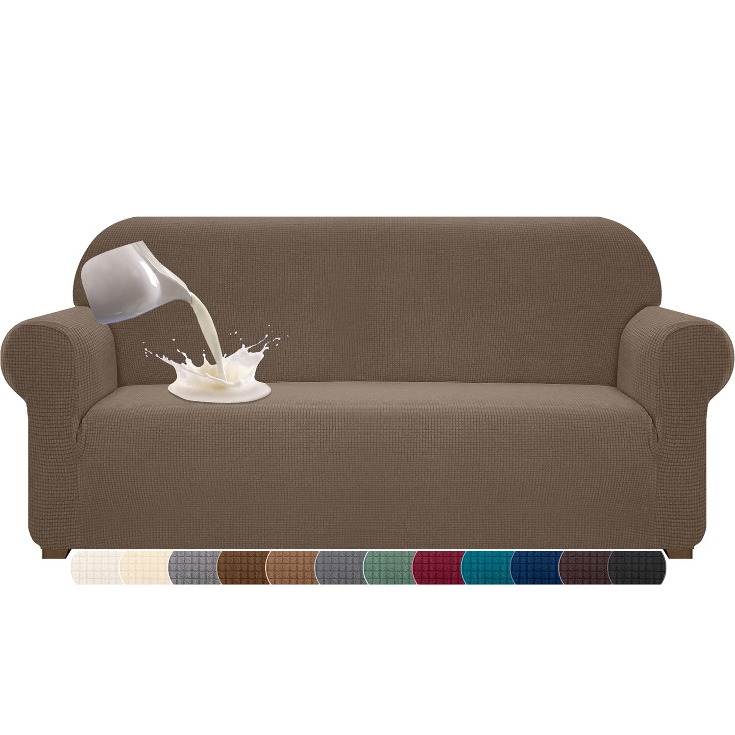 **Cherrypark Super Soft Waterproof Stretchable Jacquard Sofa Cover – Anti-Slip Furniture Protector with Elastic Band & Foam for 4-Seater Couches (X-Large, Camel) – Perfect for Pets, Kids & Everyday Use**