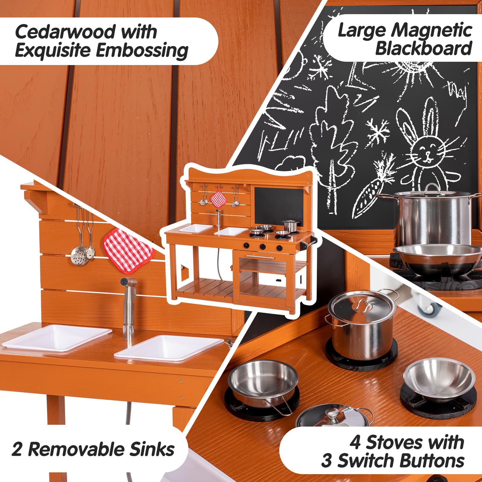 **Wooden Kids Mud Kitchen Playset with 2 Removable Sinks, Spray Pipe, Blackboard & Kitchenware - Outdoor Pretend Play Toy for Toddlers, Boys & Girls - Perfect for Backyard, Garden & Imaginative Play**