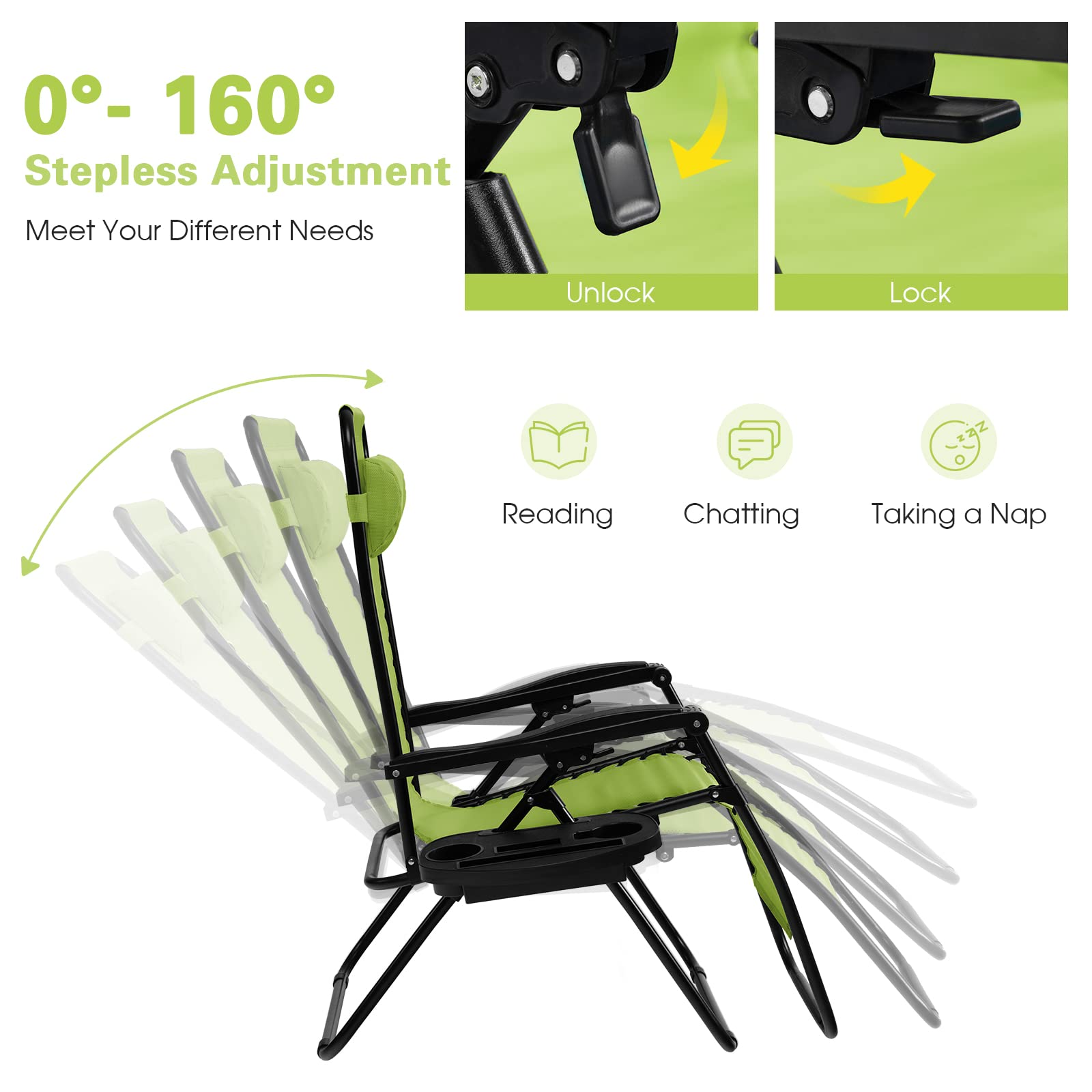Goplus Zero Gravity Lounge Chairs - 160° Adjustable Folding Recliner with Pillow & Cup Holder, 350LBS Weight Capacity - Comfortable Outdoor Patio Chairs for Backyard, Poolside, Beach & Camping (Green, 1-Pack) - Perfect for Relaxing, Sunbathing & Outdoor Leisure