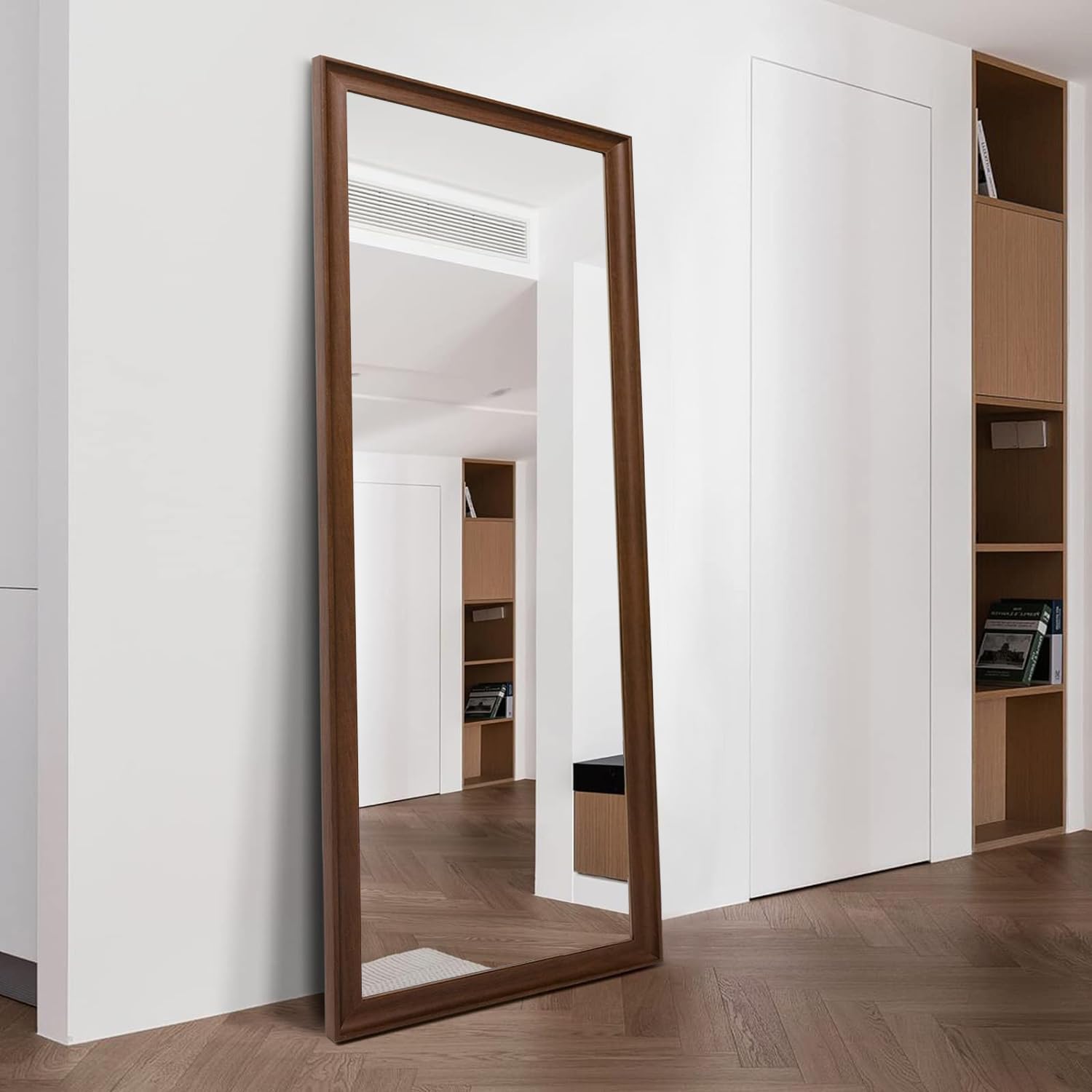 65×22 Inch Full Length Mirror with Wood Frame - Standing Floor Mirror & Hanging Wall Mirror for Bedroom, Living Room, Dressing Room - Large HD Full Body Mirror with Sturdy Stand in Walnut Finish - Perfect for Outfit Checks, Home Decor & Selfie Backgrounds