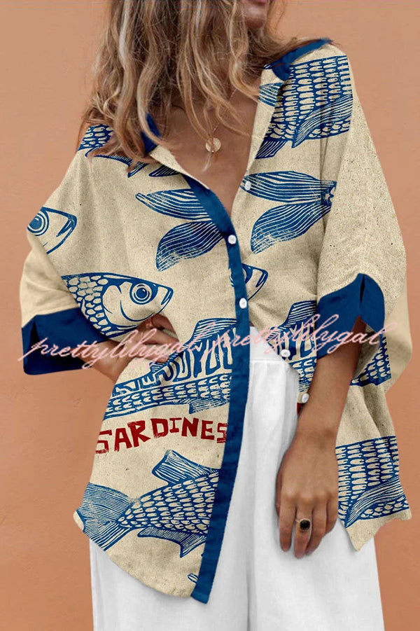 Stylish Marine Print Casual Loose Shirt Top for Women - Beachwear, Summer Vacation & Boho Outfit