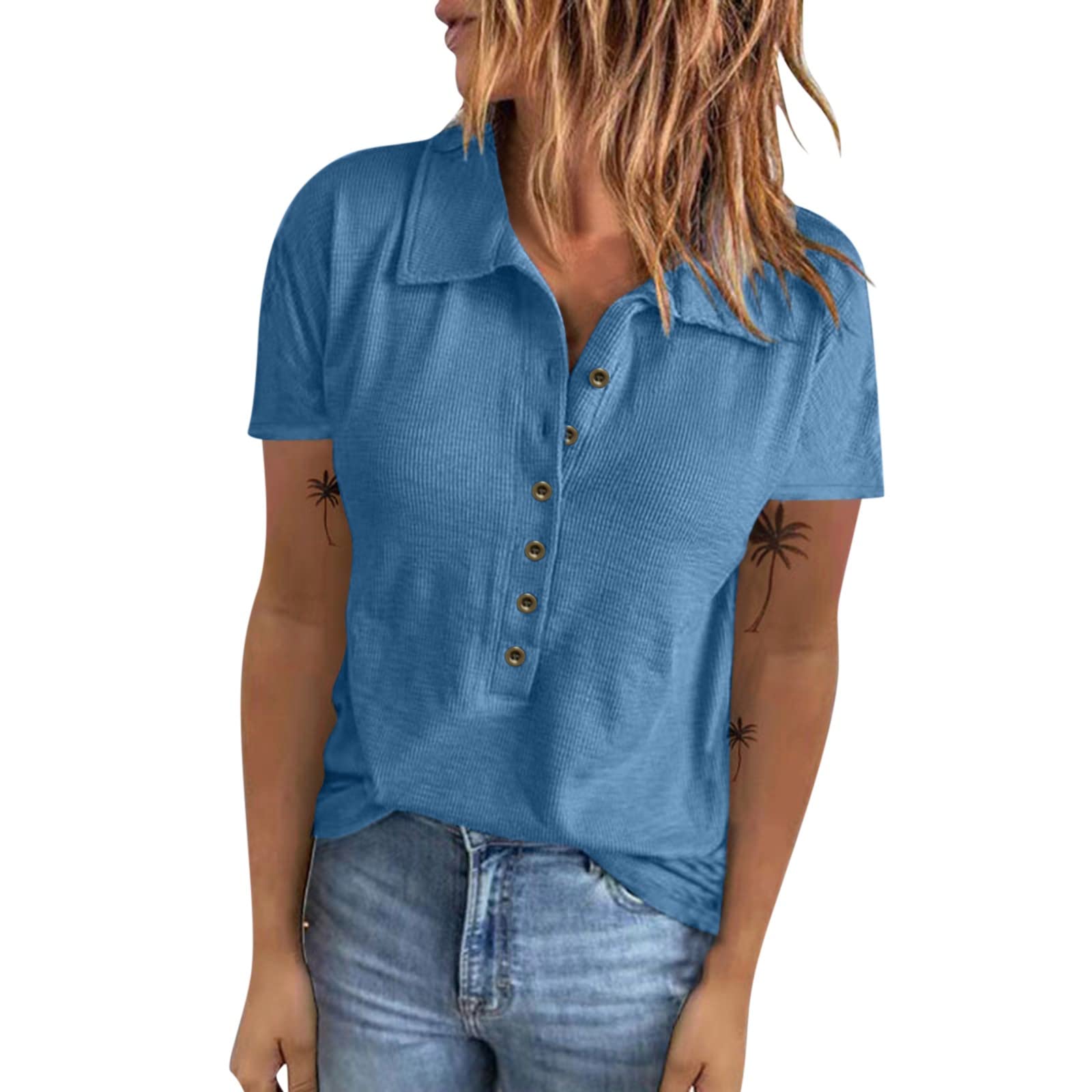 YfiDSJFGJ Women's Casual Short Sleeve Blouse - Solid Color Turndown Collar Button-Up Shirt with Splice Design | Perfect for Office Wear, Summer Outfits & Everyday Casual Style