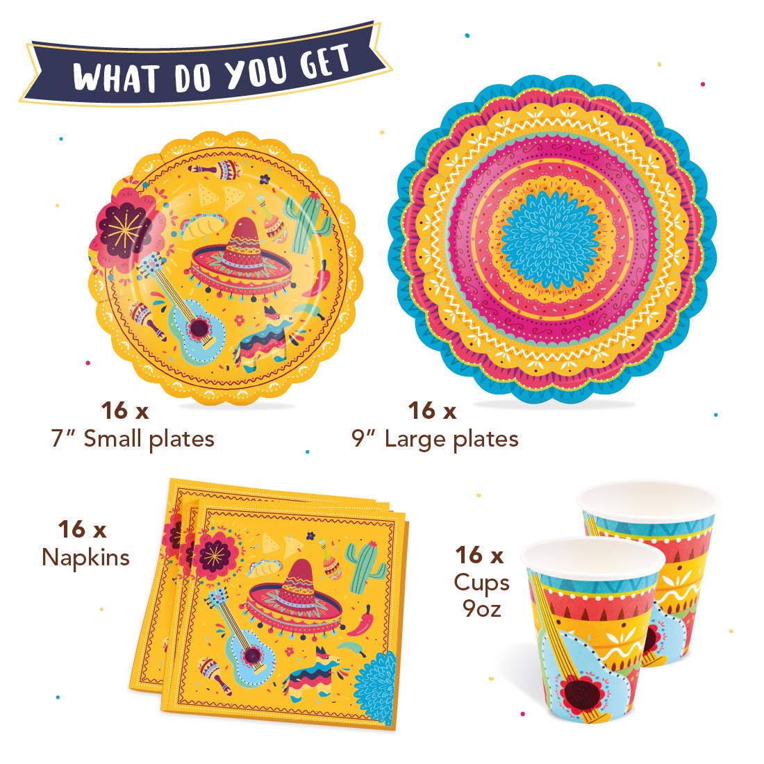 Vibrant Mexican Fiesta Party Supplies Set - 16 Large Dinner Plates, 16 Dessert Plates, 16 Cups & 16 Napkins | Perfect for Cinco de Mayo, Birthday Parties, Taco Nights & Themed Celebrations | Durable Disposable Tableware for Outdoor Gatherings & Family Events