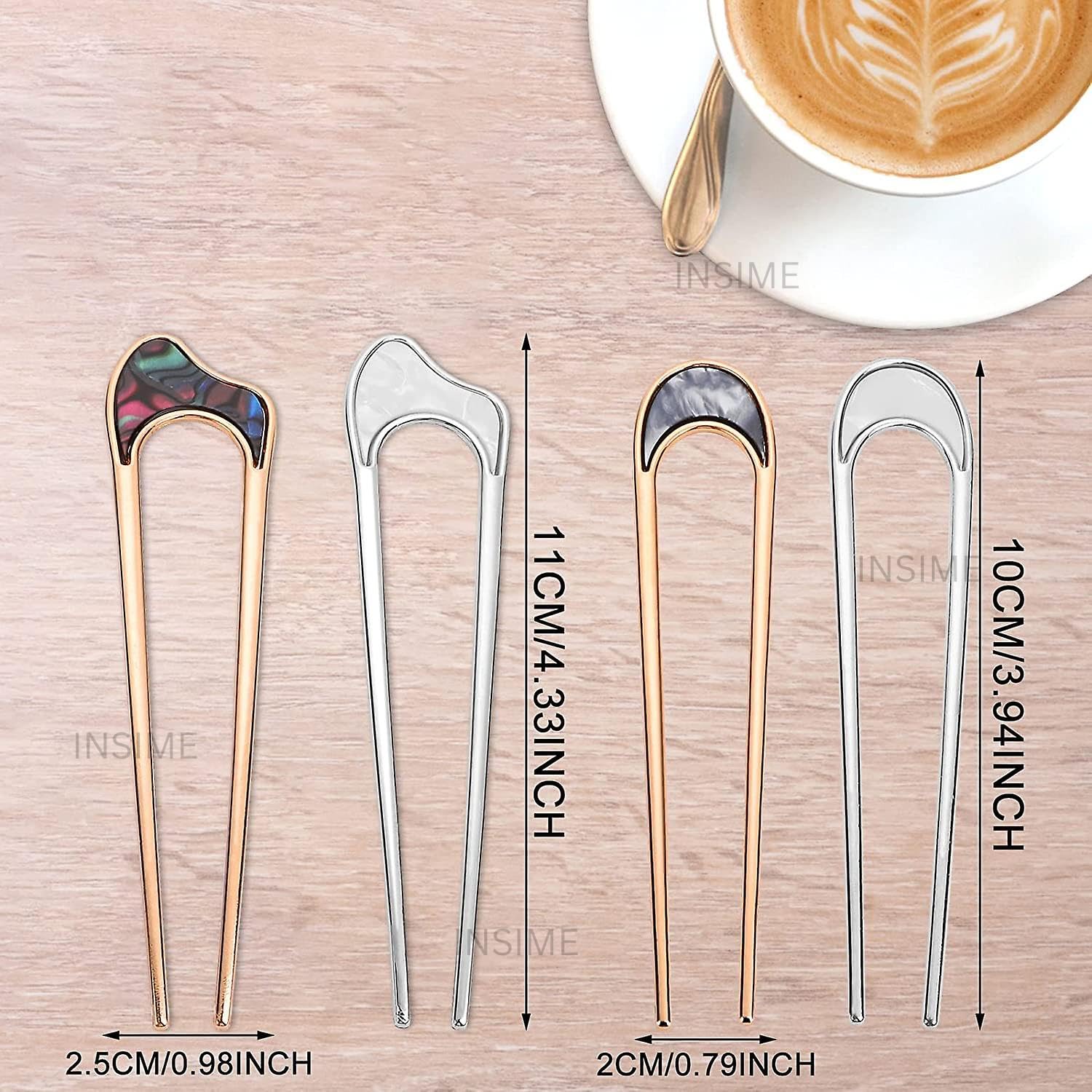 INSIME Elegant Marble Hair Stick for Women - 4 Pack Premium Metal Hair Bun Sticks with Stylish Design for Updos, Buns & Special Occasions