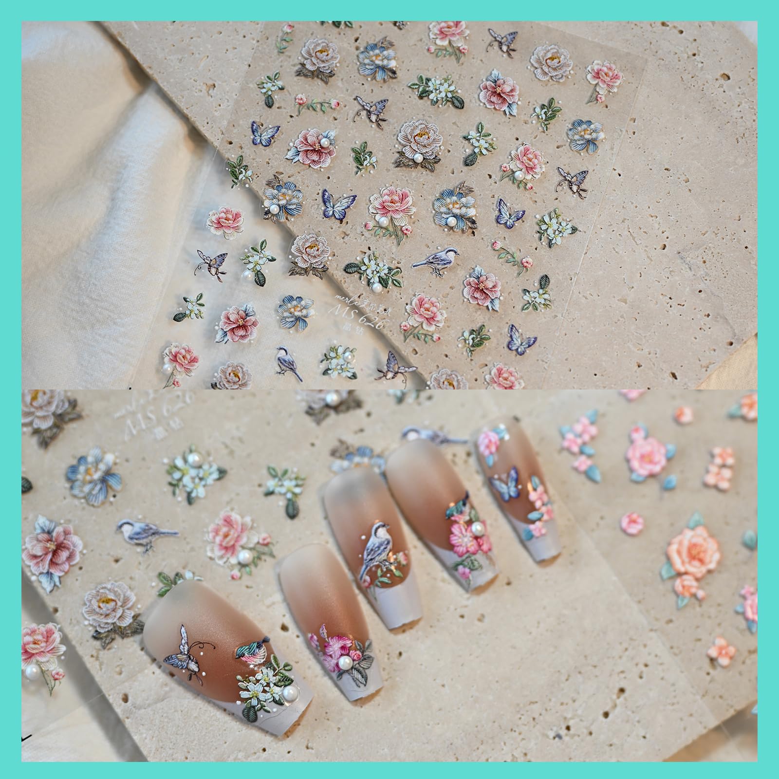 Vintage Rose Bird Nail Art Stickers with Pearl Rhinestones - Self-Adhesive Embossed Nail Decals for Women (3 Sheets) | Perfect for DIY Manicures, Bridal Nails, and Special Occasion Nail Designs