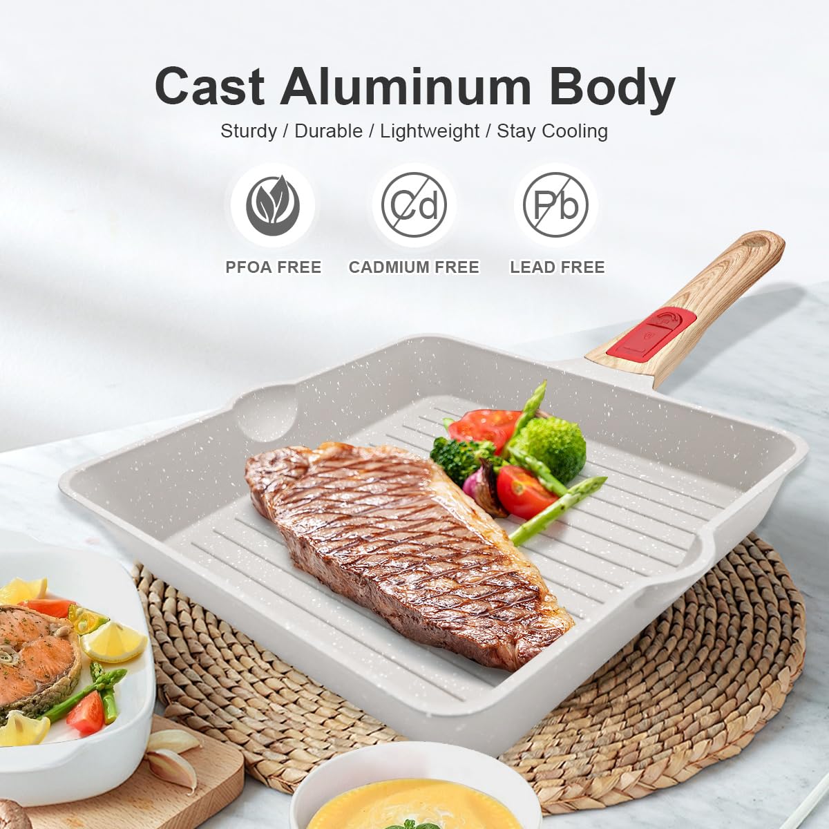 9.5 Inch Nonstick Square Grill Pan - Cast Aluminum Steak Pan with Detachable Handle, Oven & Dishwasher Safe, Double Pour Spouts (White) - Perfect for Indoor Grilling, BBQ, and Cooking Steaks, Burgers, and Vegetables