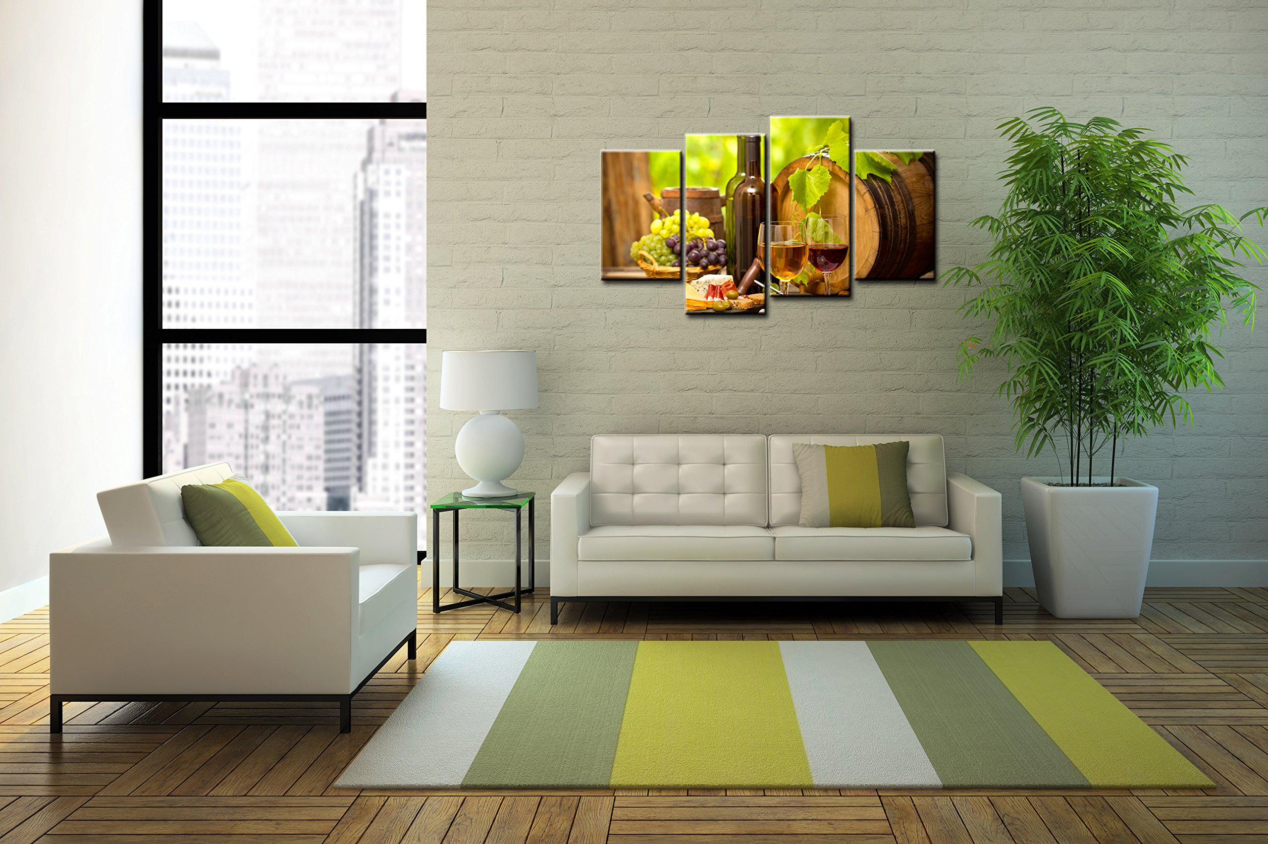 French Oak Wine Barrel & Food Paintings - 4 Piece Canvas Wall Art Set for Modern Home Decor | Perfect for Dining Room, Kitchen & Wine Cellar Decorations