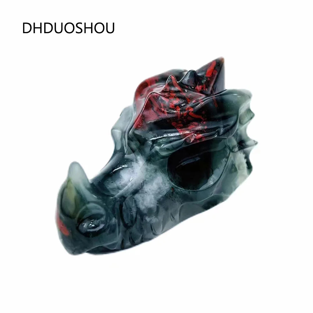 Hand-Carved Natural Crystal Dragon Skull Sculpture - Bloodstone Collectible Art Piece for Home Decor, Office Display & Unique Gift Idea