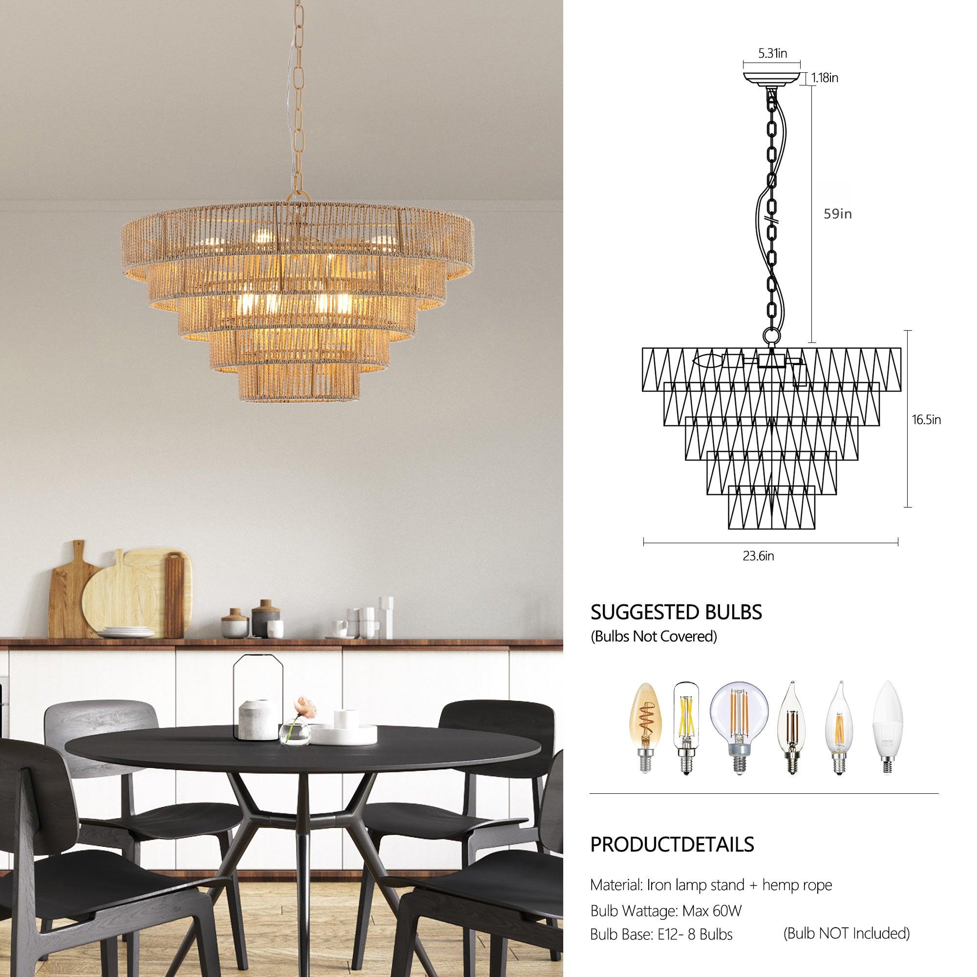Bohemian Style 23.6 Inch Woven Rattan Pendant Light - 5 Tier Natural Wood Chandelier for Dining Room, Bedroom & Boho Home Decor