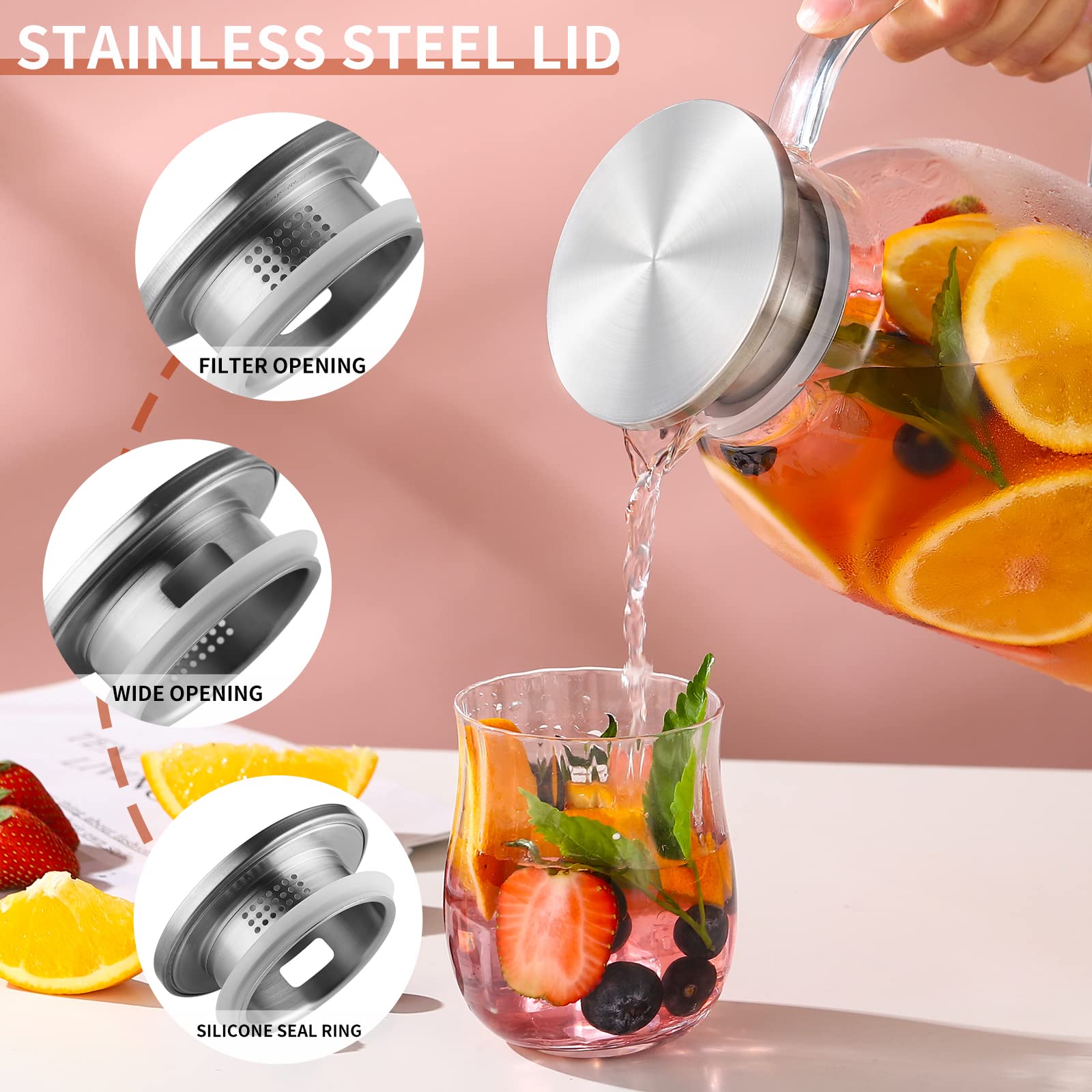 75oz Glass Pitcher with Lid & Free Brush - Heat Resistant Water Pitcher with Spout - Iced Tea, Juice & Beverage Carafe - Perfect for Fridge Storage & Entertaining - BPA-Free Large Capacity Pitcher for Lemonade, Cocktails & Party Drinks