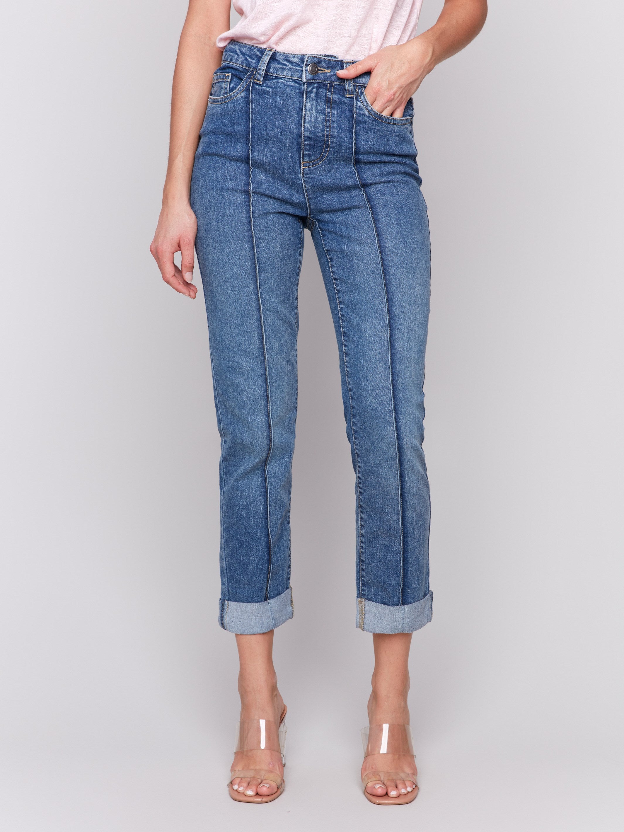 Cropped Pin Tuck Jeans for Women - Medium Blue Wash High Waisted Skinny Denim Pants | Perfect for Casual Outfits, Date Nights & Street Style