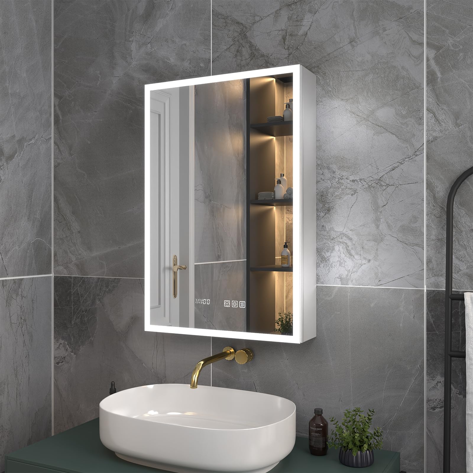 ExBrite 20x30 Inch LED Medicine Cabinet with Clock & Temperature Display - Recessed or Surface Mount, Anti-Fog Mirror, 3-Color Dimmable Lighting (Left Hinge) - Perfect for Bathroom, Bedroom, and Vanity Organization