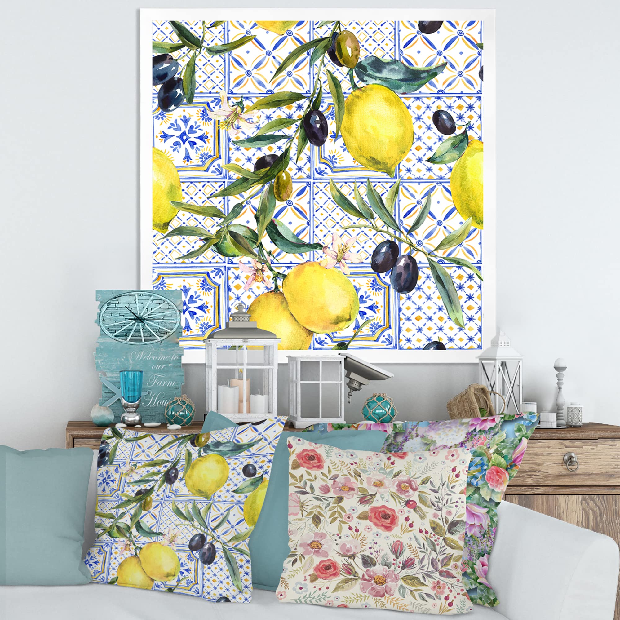 DesignQ Lemon Ornament on Blue Geometric Pattern III Tropical Framed Wall Art - Perfect for Kitchen, Bathroom, and Beach House Decor