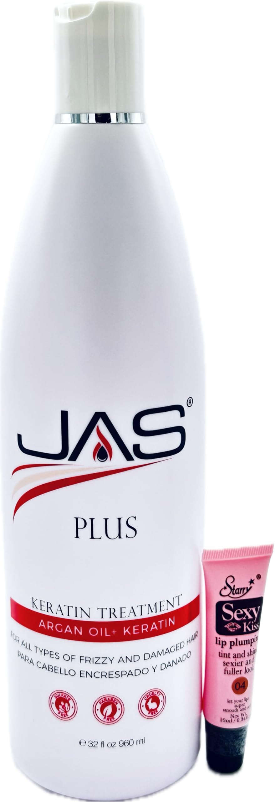 JAS Plus Keratin 3 Smoothing Treatment with Argan Oil - 32 fl oz/960 ml for Frizzy & Damaged Hair - Includes Free 10ml Starry Lip Plumping Gloss | Professional Salon-Quality Hair Care for Smooth, Shiny Locks at Home