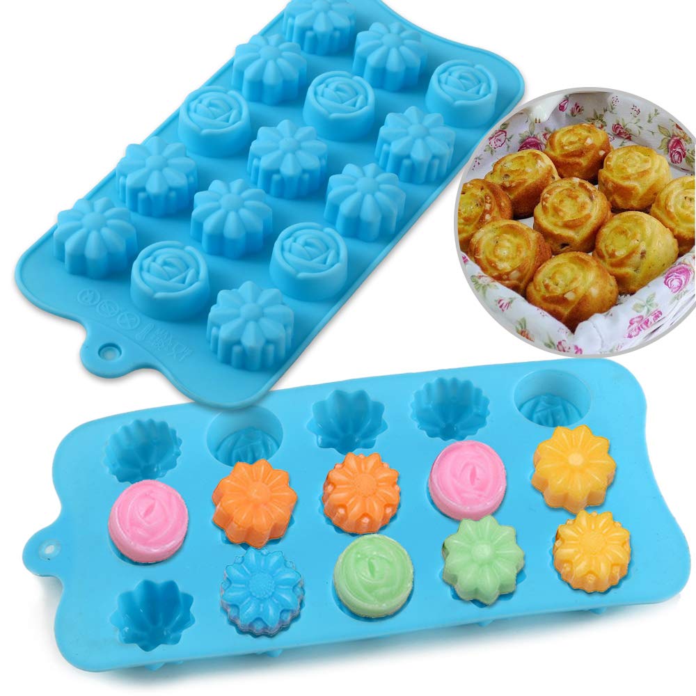 Premium 4-Pack Flower Shaped Silicone Molds - 15 Cavity Non-Stick Food Grade Baking Molds for Chocolate, Candy, Ice Cubes, Jelly, Soap & Bath Bombs - Perfect for DIY Crafts, Home Baking & Party Decorations