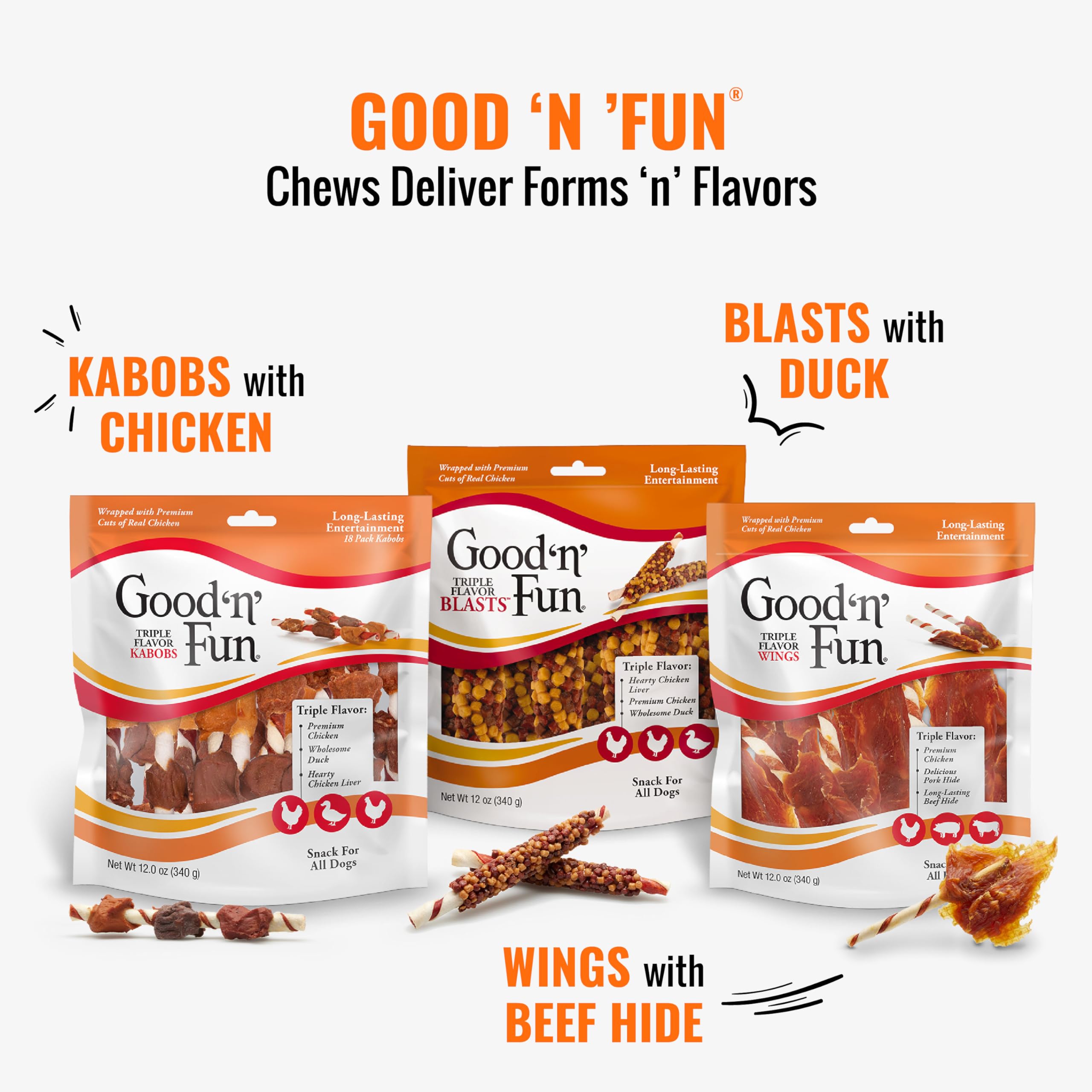 Good ‘n’ Fun Triple Flavor Dog Chews - Beef, Chicken & Pork Hide Long-Lasting Treats for All Dogs (12oz) - Perfect for Training Rewards, Dental Health & Playtime