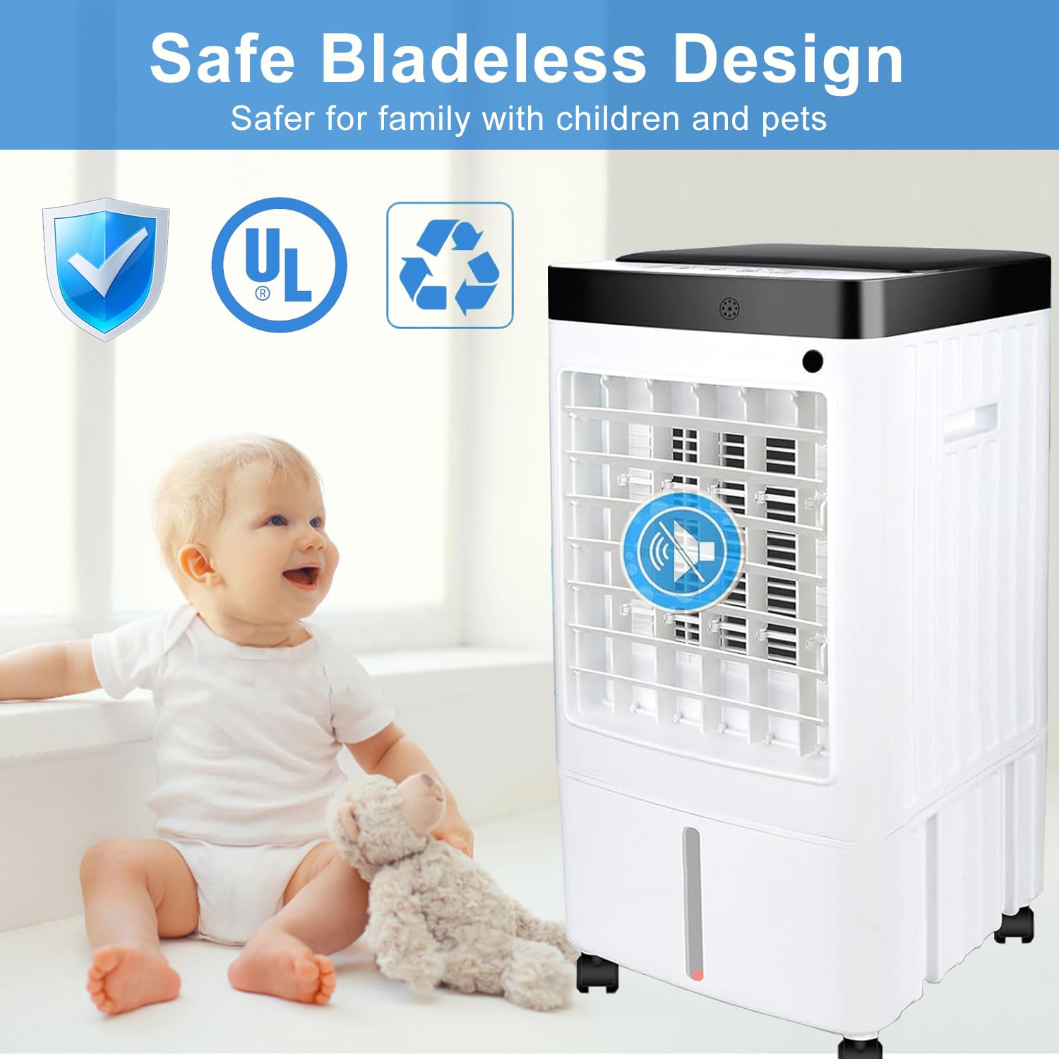 2024 New Portable Air Conditioner - 8L Water Tank, Remote Control, 3 Speed & 70° Oscillation - Ultra Quiet Swamp Cooler with 6 Ice Packs for Fast Cooling - Perfect for Bedroom, Office & Small Rooms (Home, Dorm & Office Use)