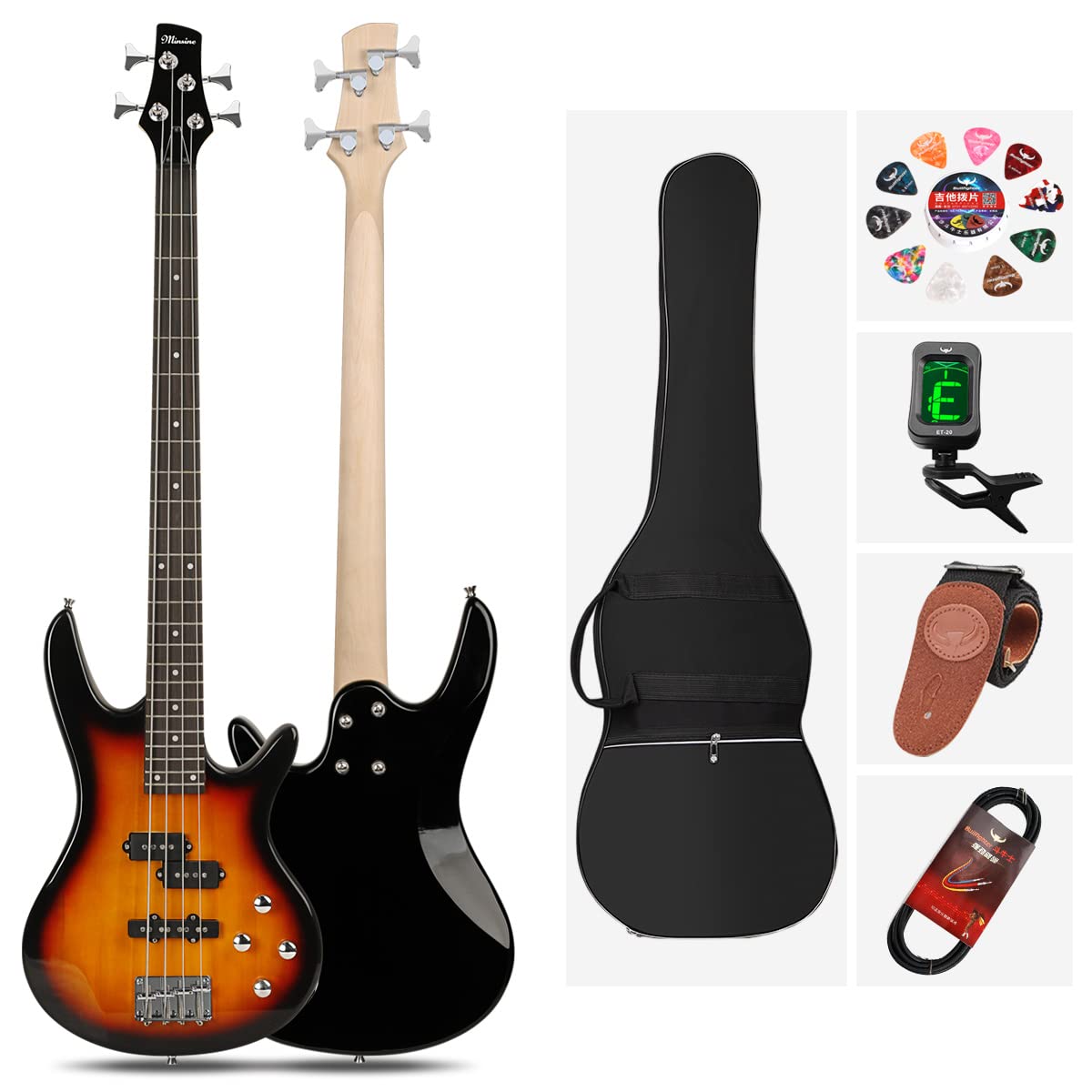 Electric Bass Guitar 4 Strings Full Size P Bass Beginner Kit - Black with Gig Bag, Strap & Cable (Sunburst) | Perfect for Beginners, Practice & Live Performances